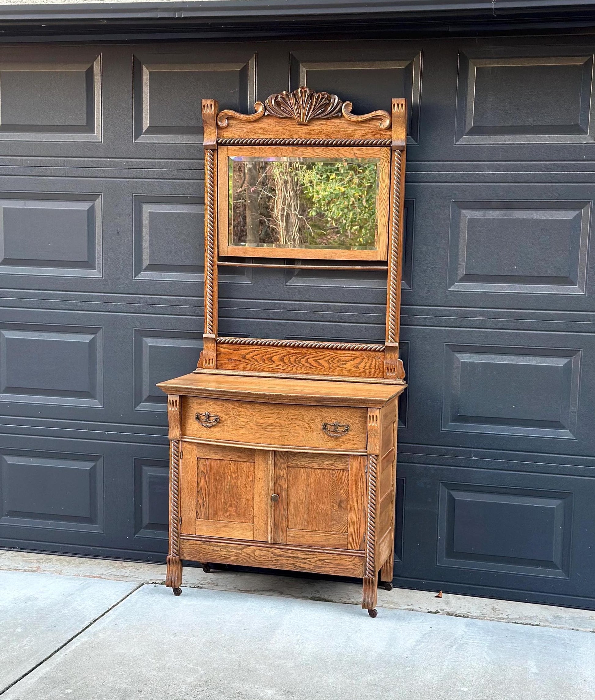 Antique Early 1900's Solid Wood Tiger Oak Washstand on Casters