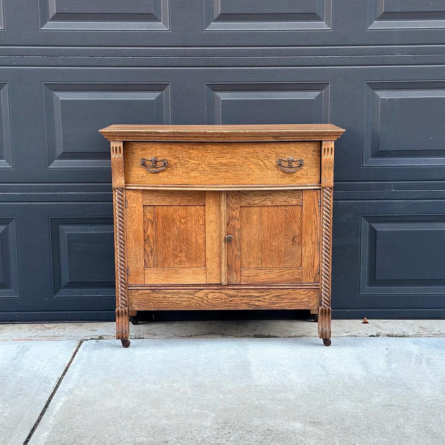 Antique Early 1900's Solid Tiger Oak Wood Single Drawer Console Cabinet on Casters