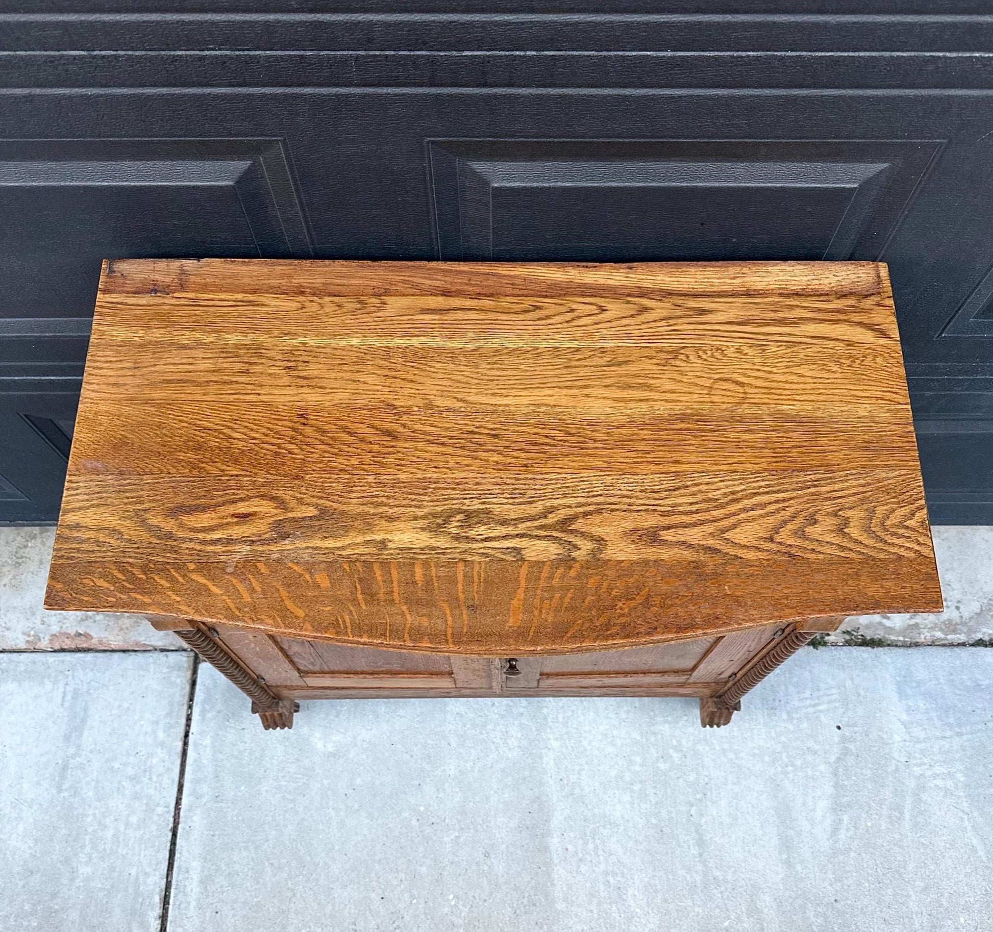 Antique Early 1900's Solid Tiger Oak Wood Single Drawer Console Cabinet on Casters