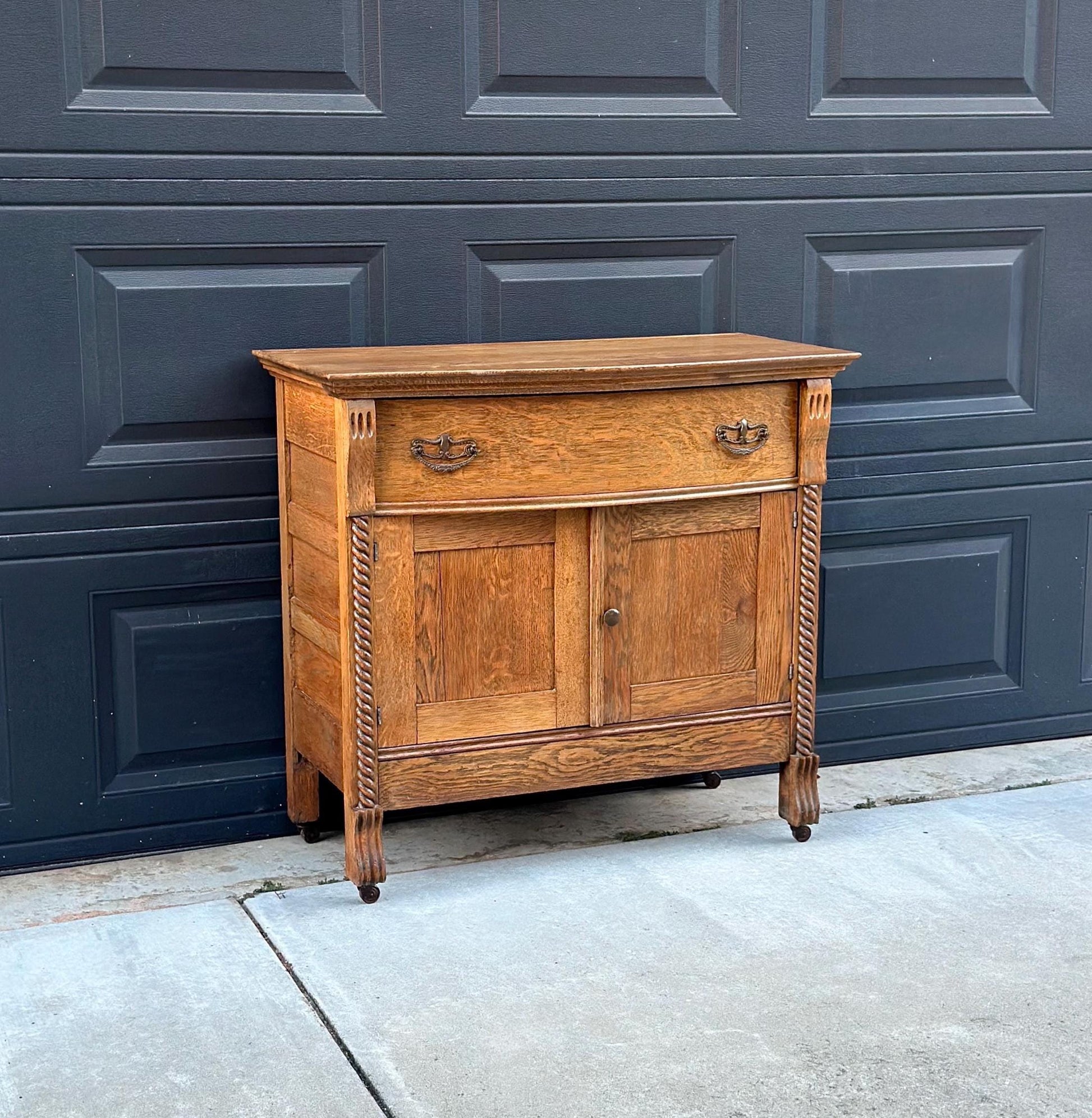 Antique Early 1900's Solid Tiger Oak Wood Single Drawer Console Cabinet on Casters