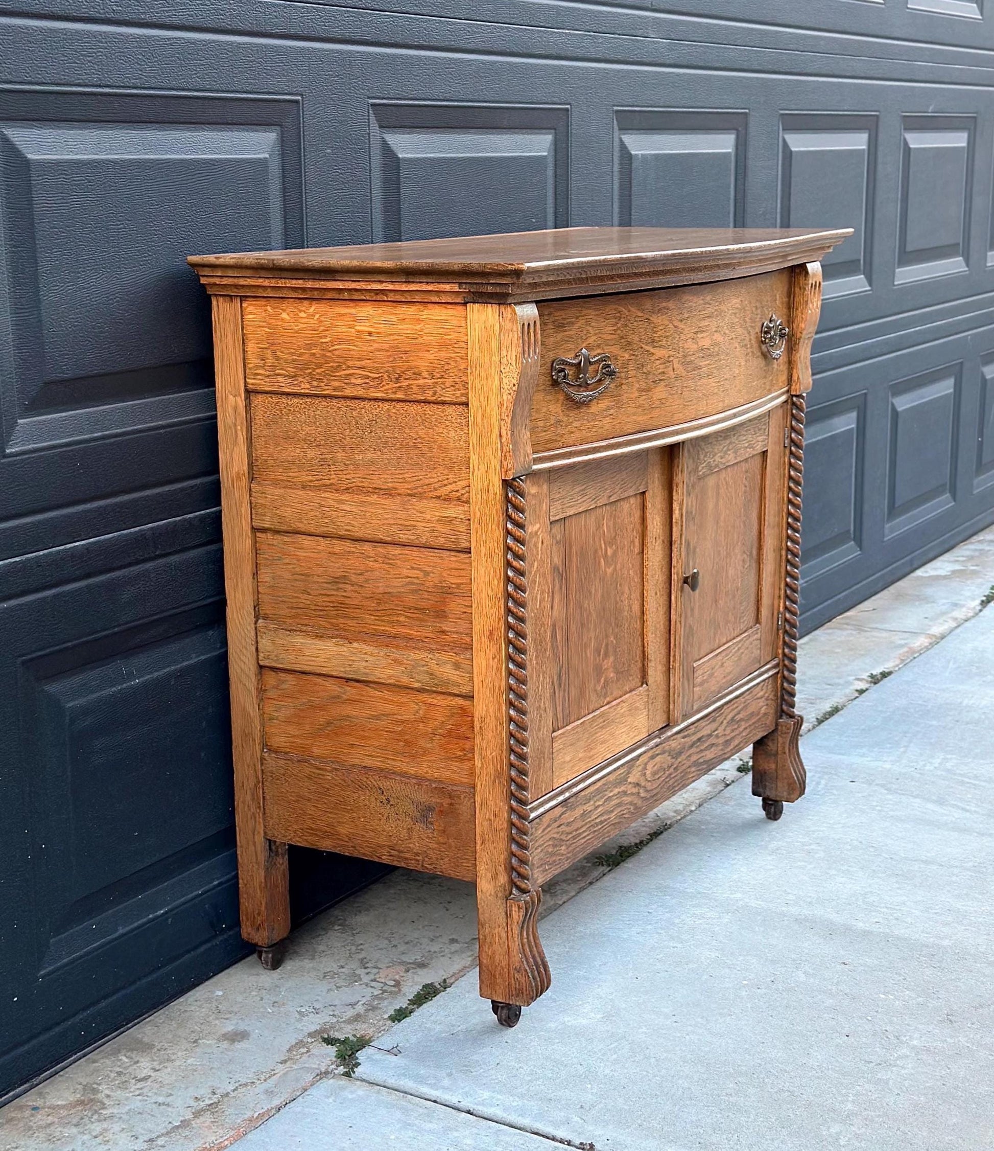 Antique Early 1900's Solid Wood Tiger Oak Washstand on Casters