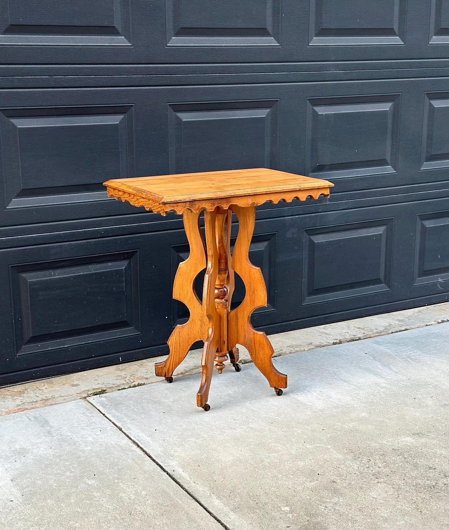 Antique Late 1800's Eastlake Solid Wood Carved Entry Accent Table on Casters