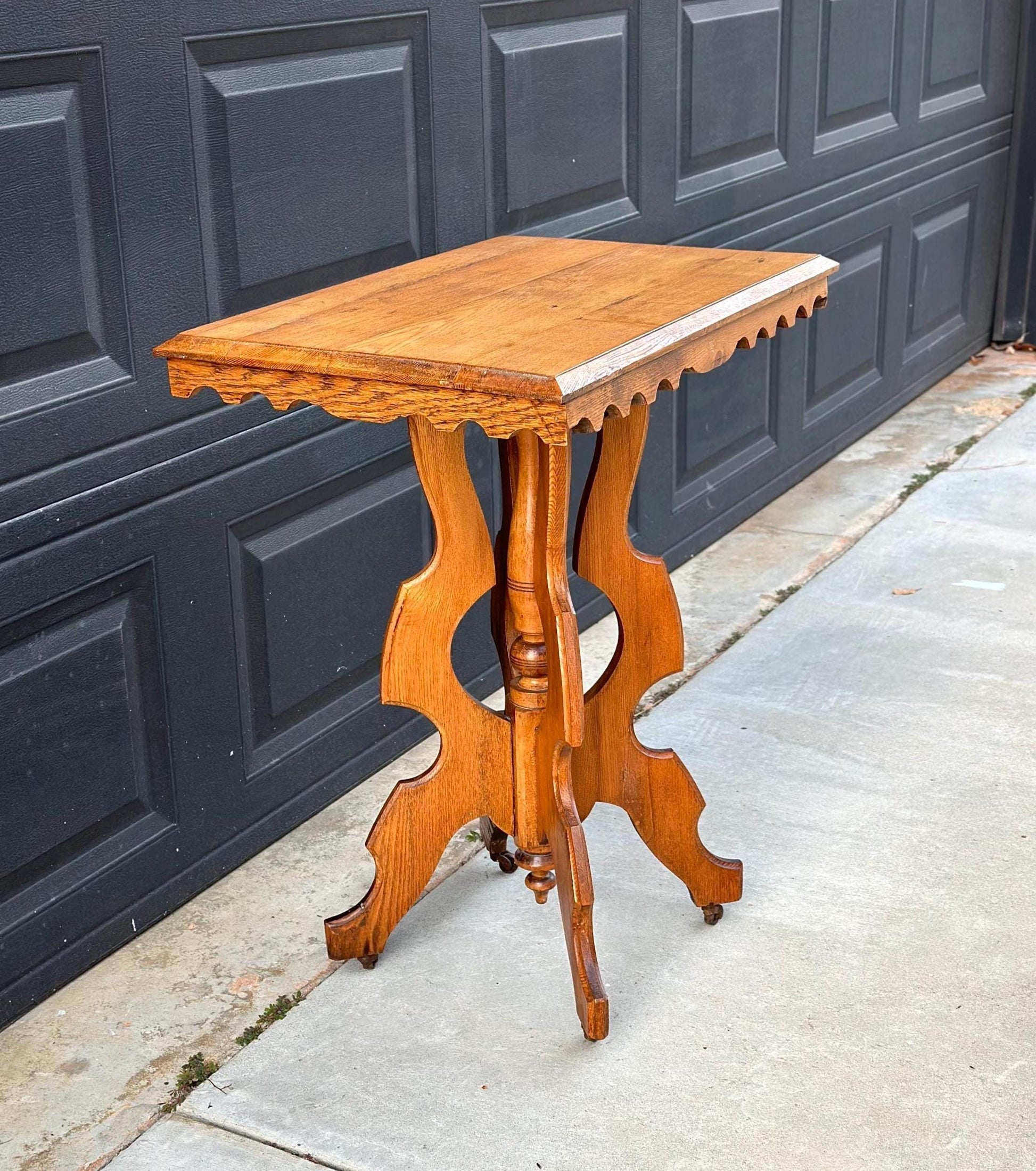 Antique Late 1800's Eastlake Solid Wood Carved Entry Accent Table on Casters
