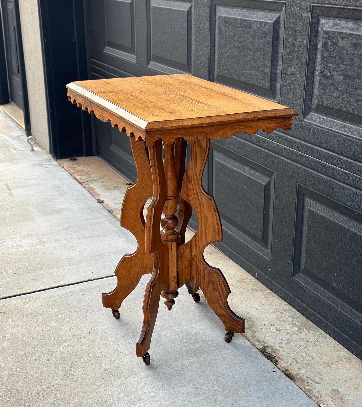 Antique Late 1800's Eastlake Solid Wood Carved Entry Accent Table on Casters