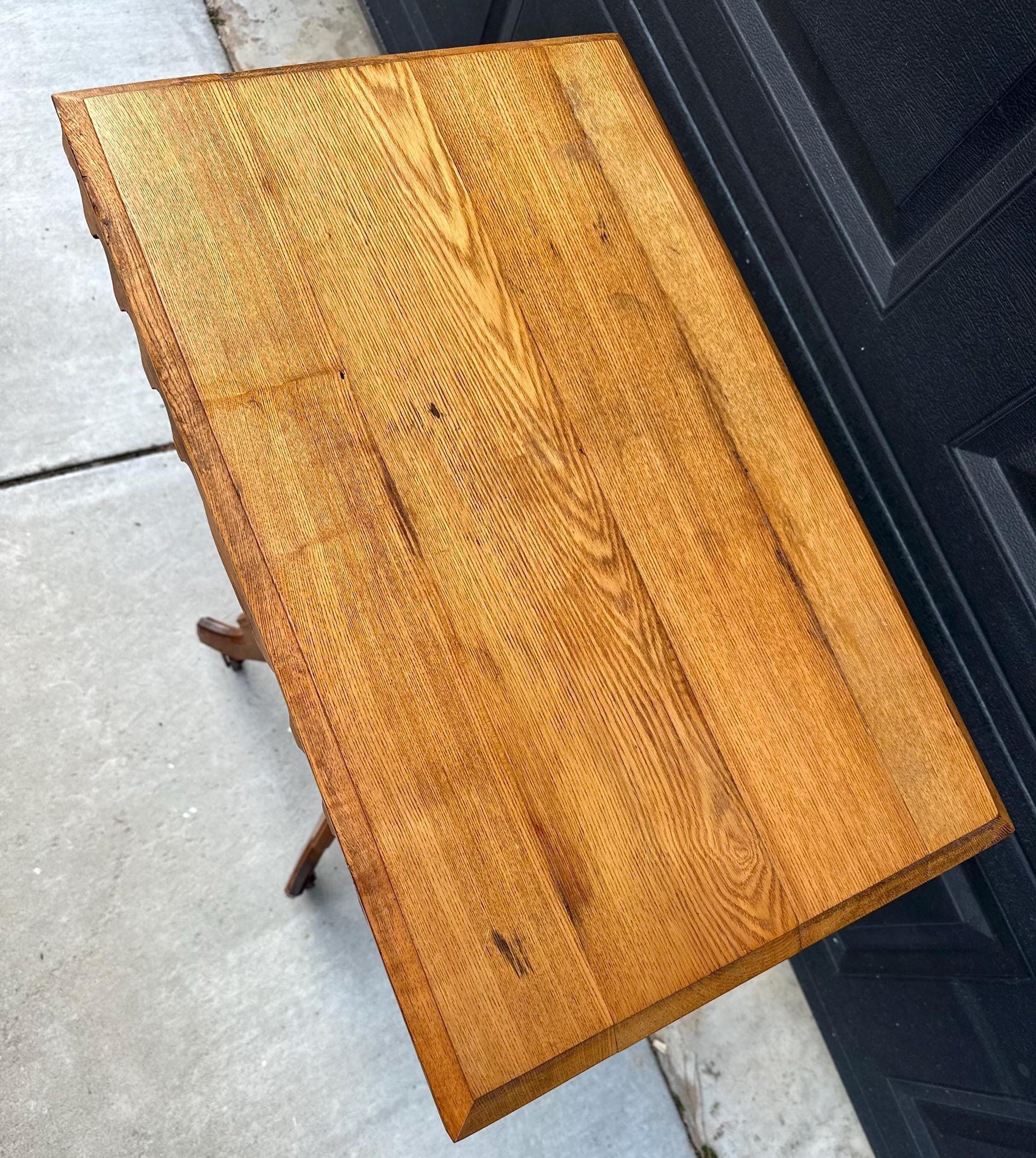 Antique Late 1800's Eastlake Solid Wood Carved Entry Accent Table on Casters