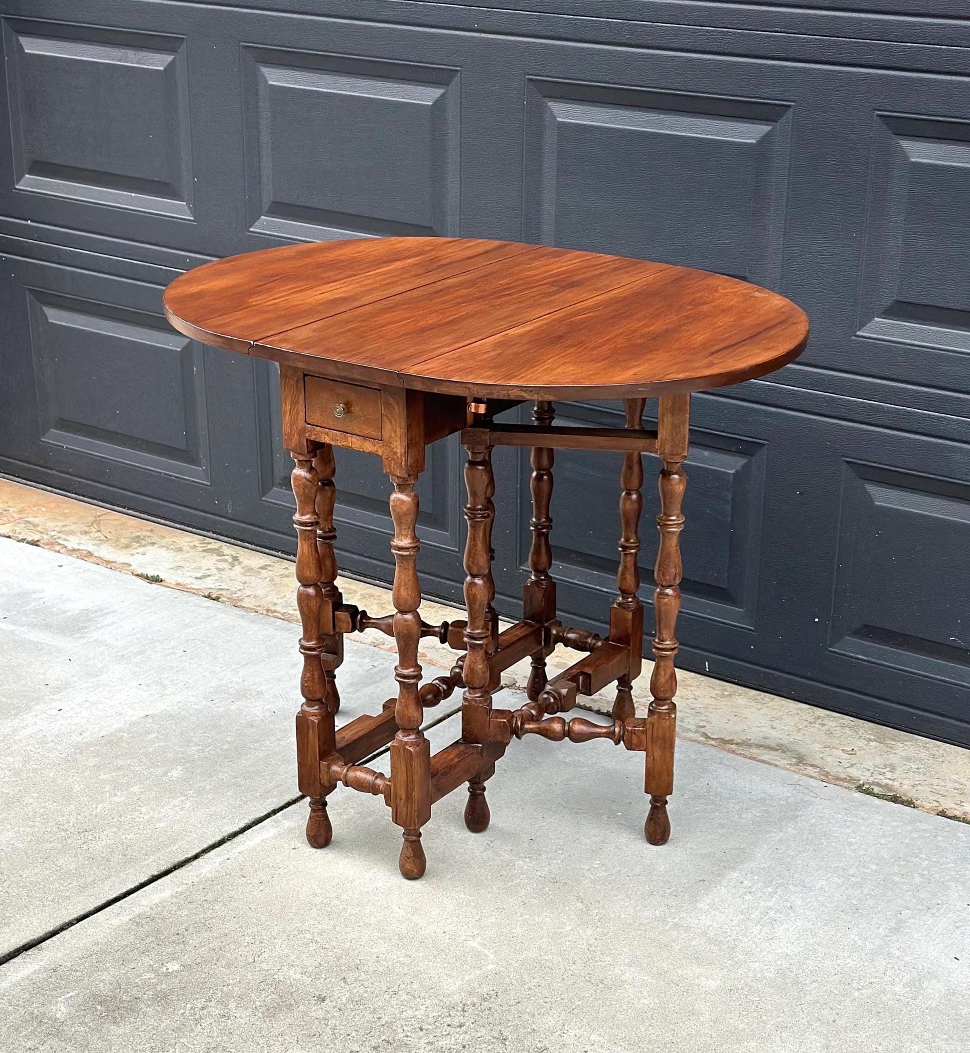 Antique Early 1900's Solid Wood Spindle Leg Cherry Drop Leaf Table with Drawer