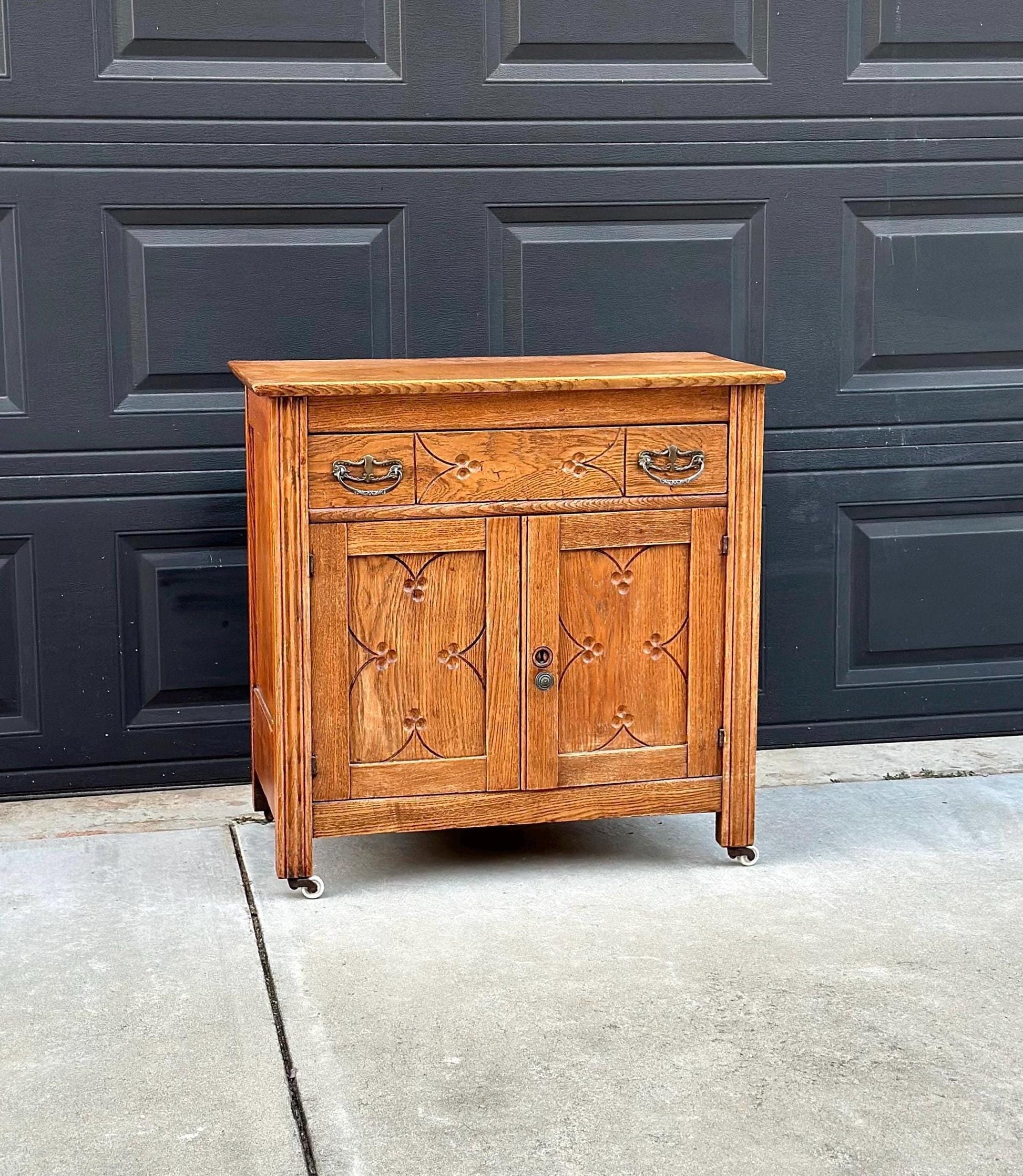 Antique Early 1900's Solid Wood Eastlake Oak Accent Cabinet on Porcelain Casters