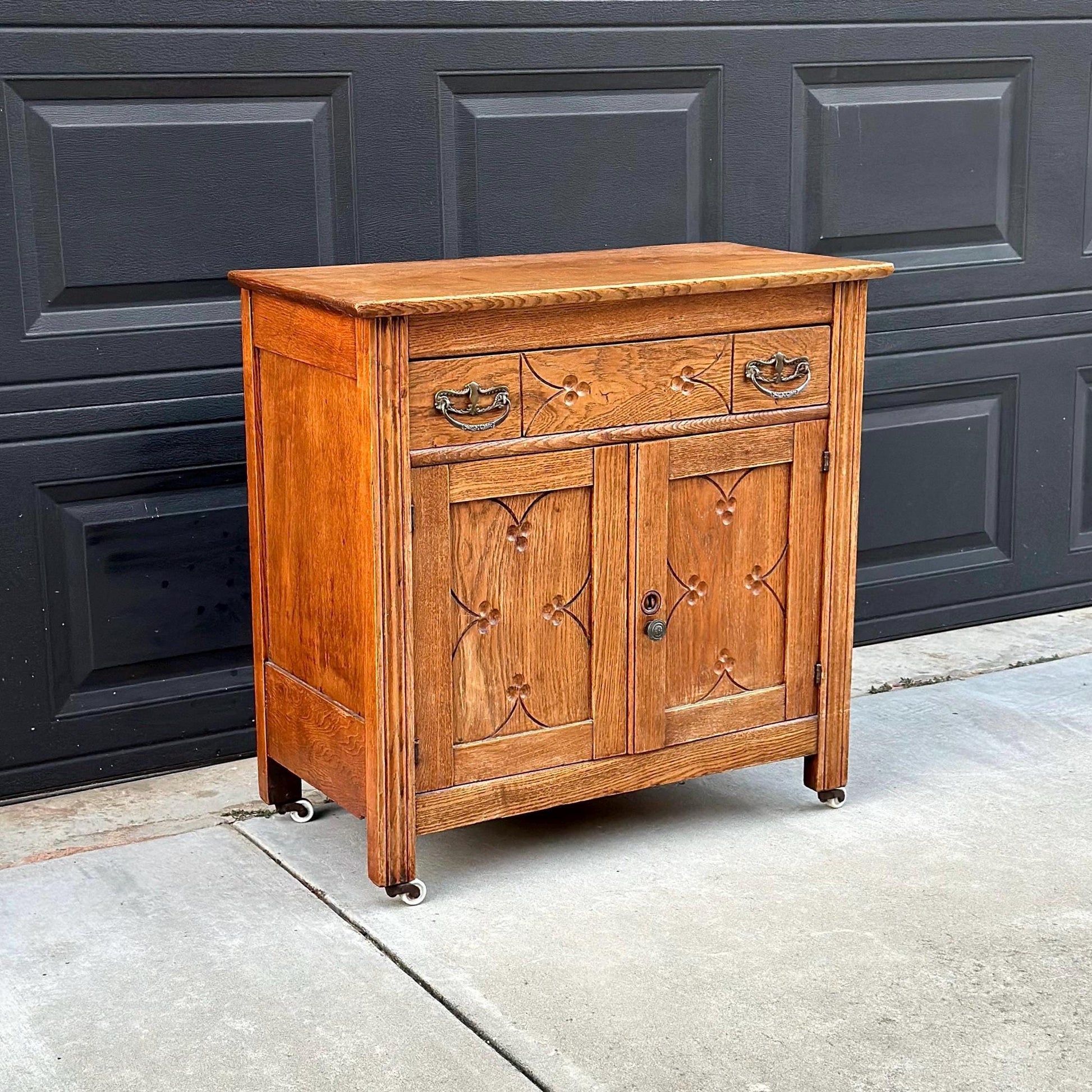 Antique Early 1900's Solid Wood Eastlake Oak Accent Cabinet on Porcelain Casters