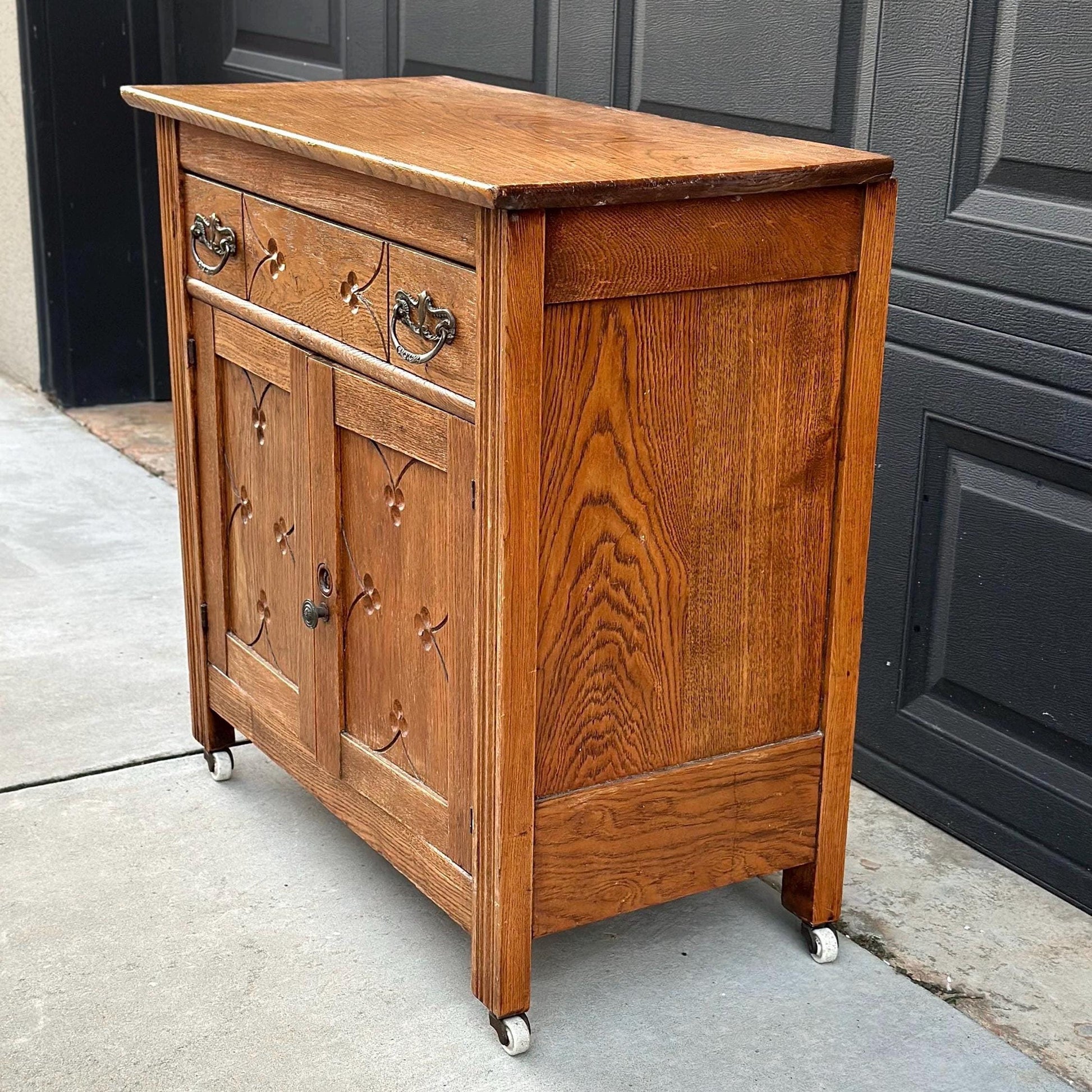 Antique Early 1900's Solid Wood Eastlake Oak Accent Cabinet on Porcelain Casters