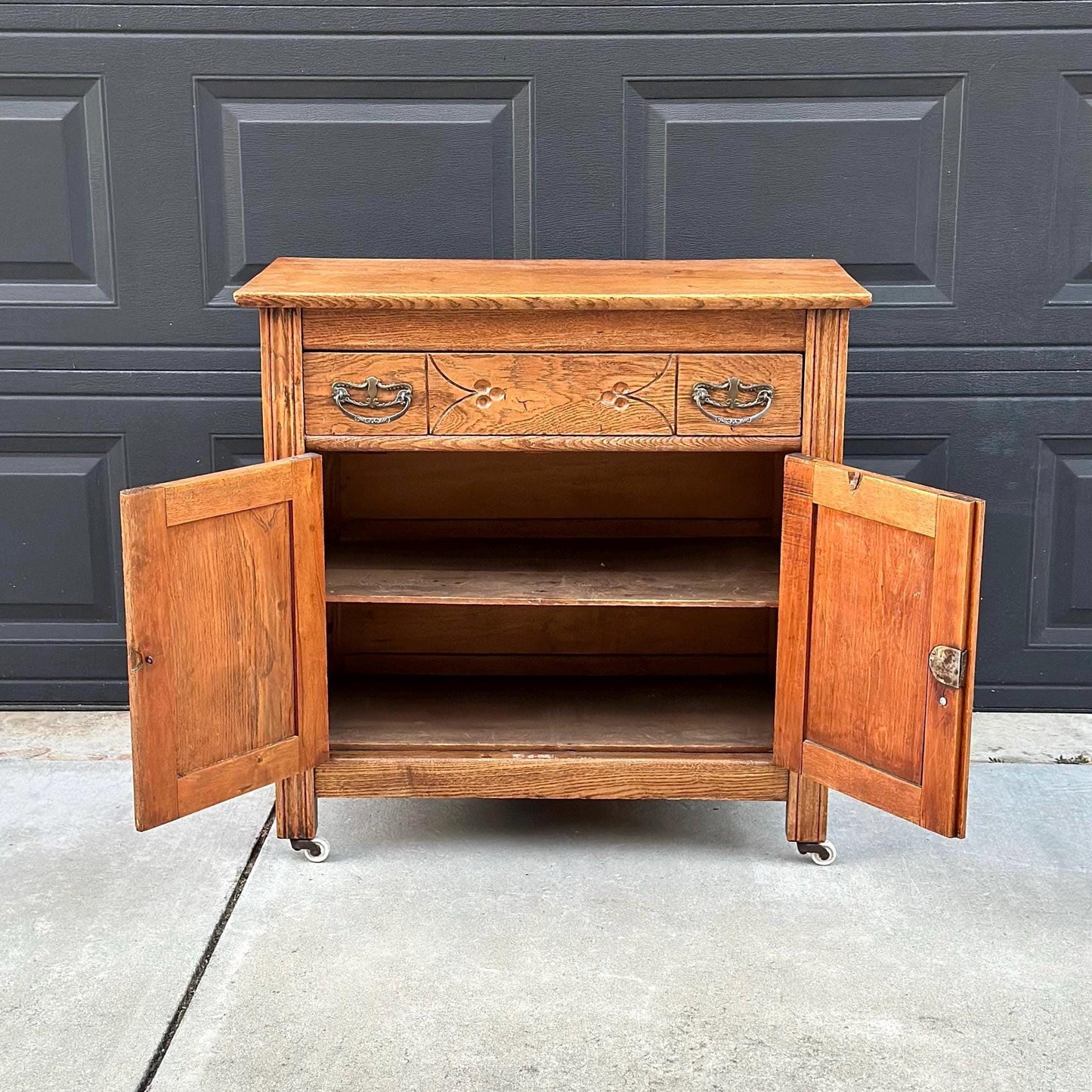 Antique Early 1900's Solid Wood Eastlake Oak Accent Cabinet on Porcelain Casters