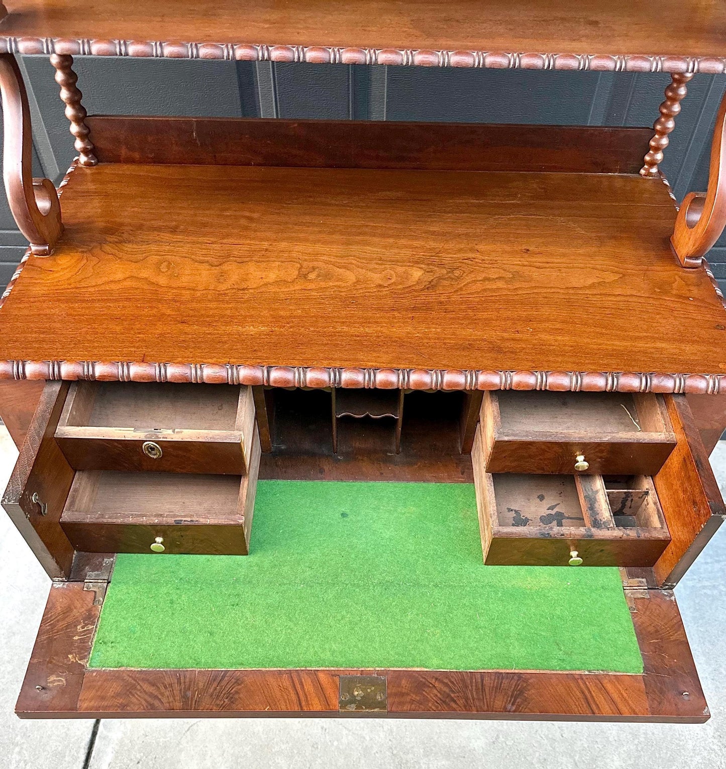 Antique Mid 1800's Victorian Flame Mahogany Wood Chiffonier Cabinet with Bobbin Bookshelf on Casters