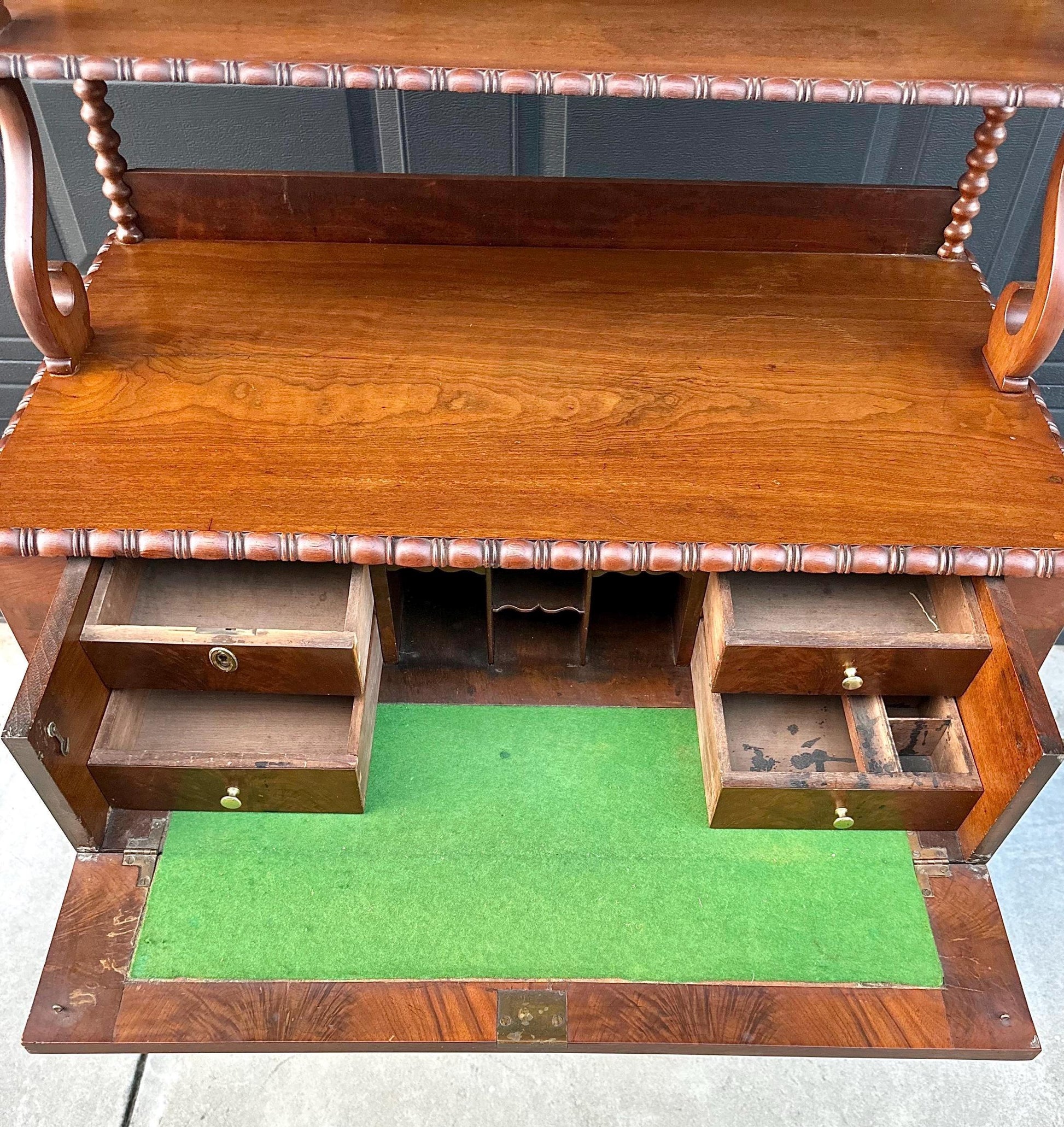 Antique Mid 1800's Victorian Flame Mahogany Wood Chiffonier Cabinet with Bobbin Bookshelf on Casters