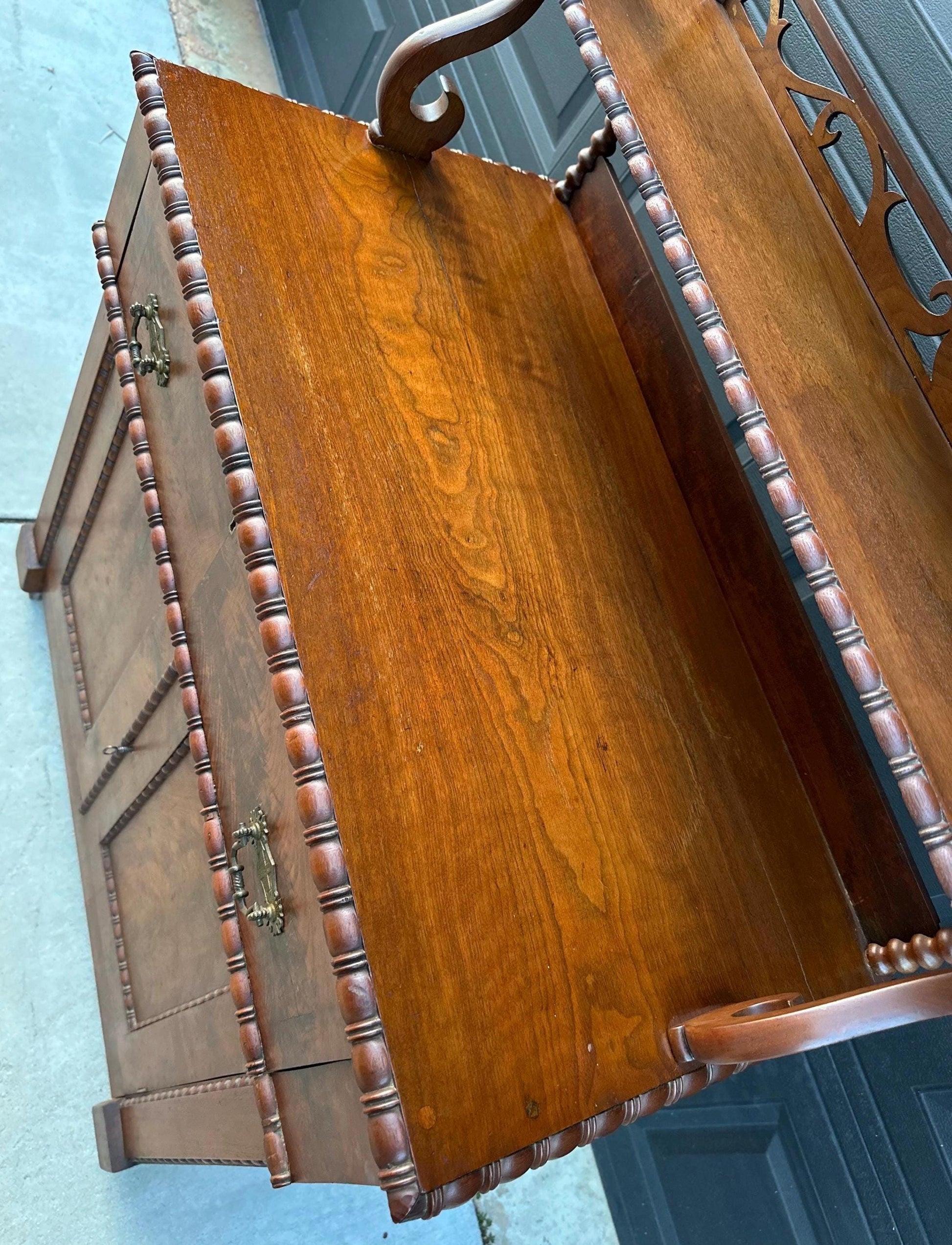Antique Mid 1800's Victorian Flame Mahogany Wood Chiffonier Cabinet with Bobbin Bookshelf on Casters