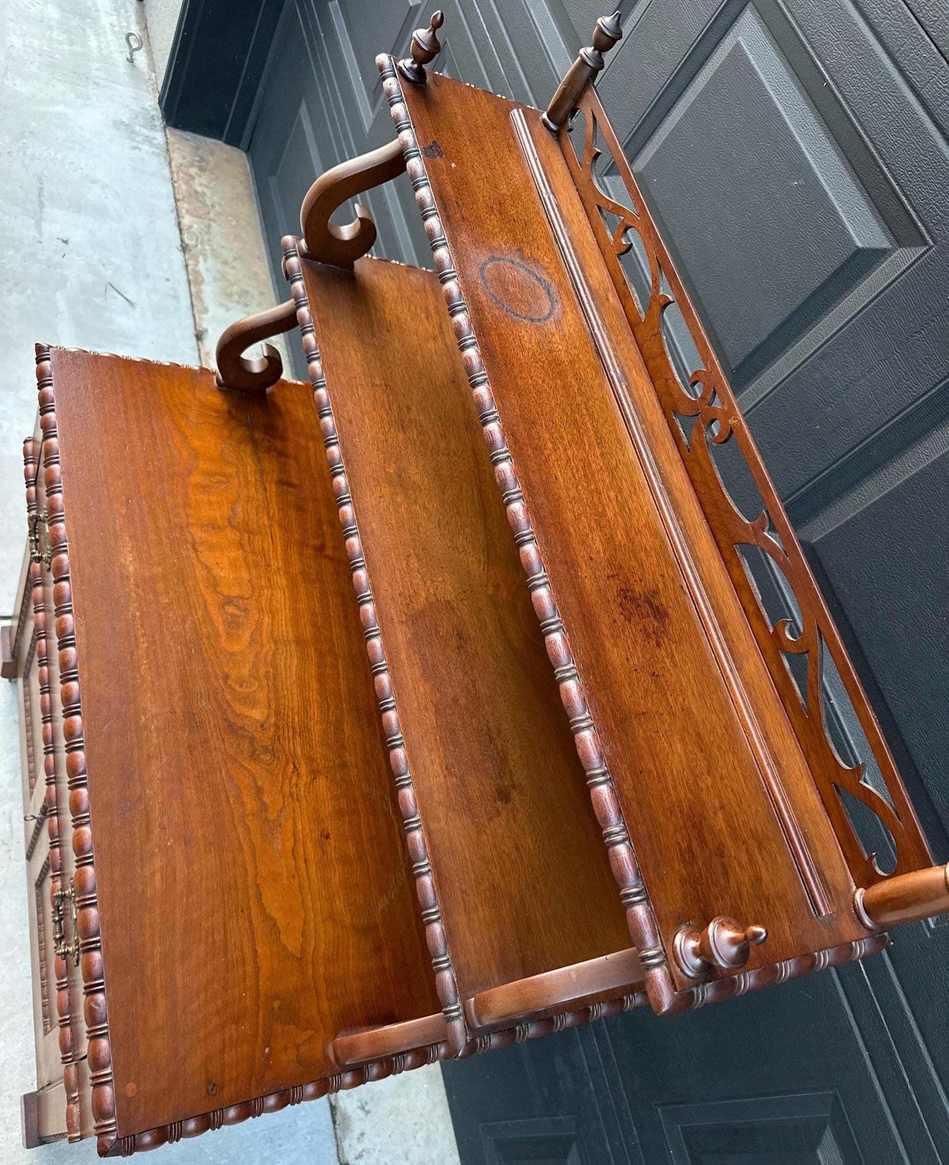 Antique Mid 1800's Victorian Flame Mahogany Wood Chiffonier Cabinet with Bobbin Bookshelf on Casters