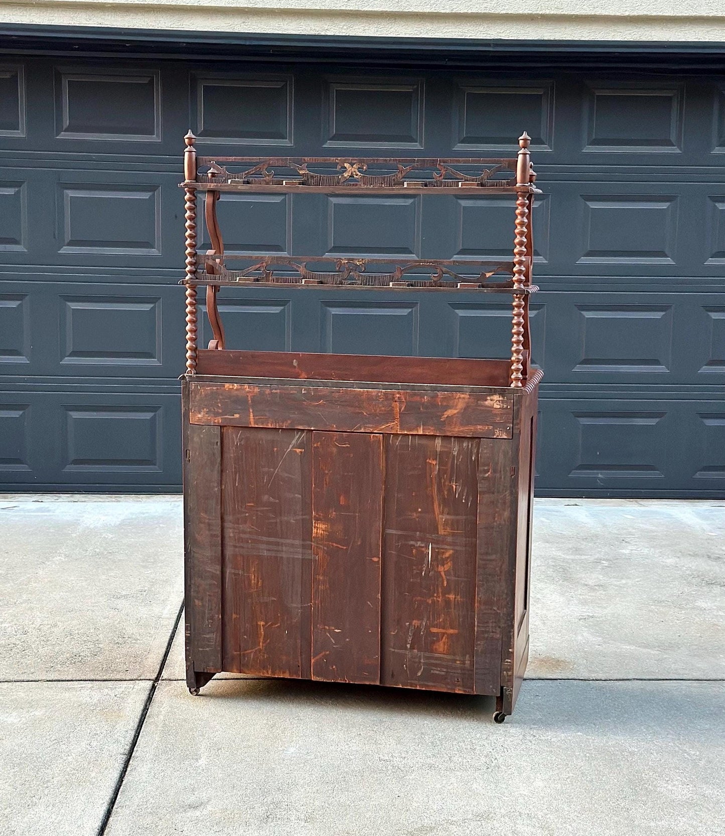 Antique Mid 1800's Victorian Flame Mahogany Wood Chiffonier Cabinet with Bobbin Bookshelf on Casters