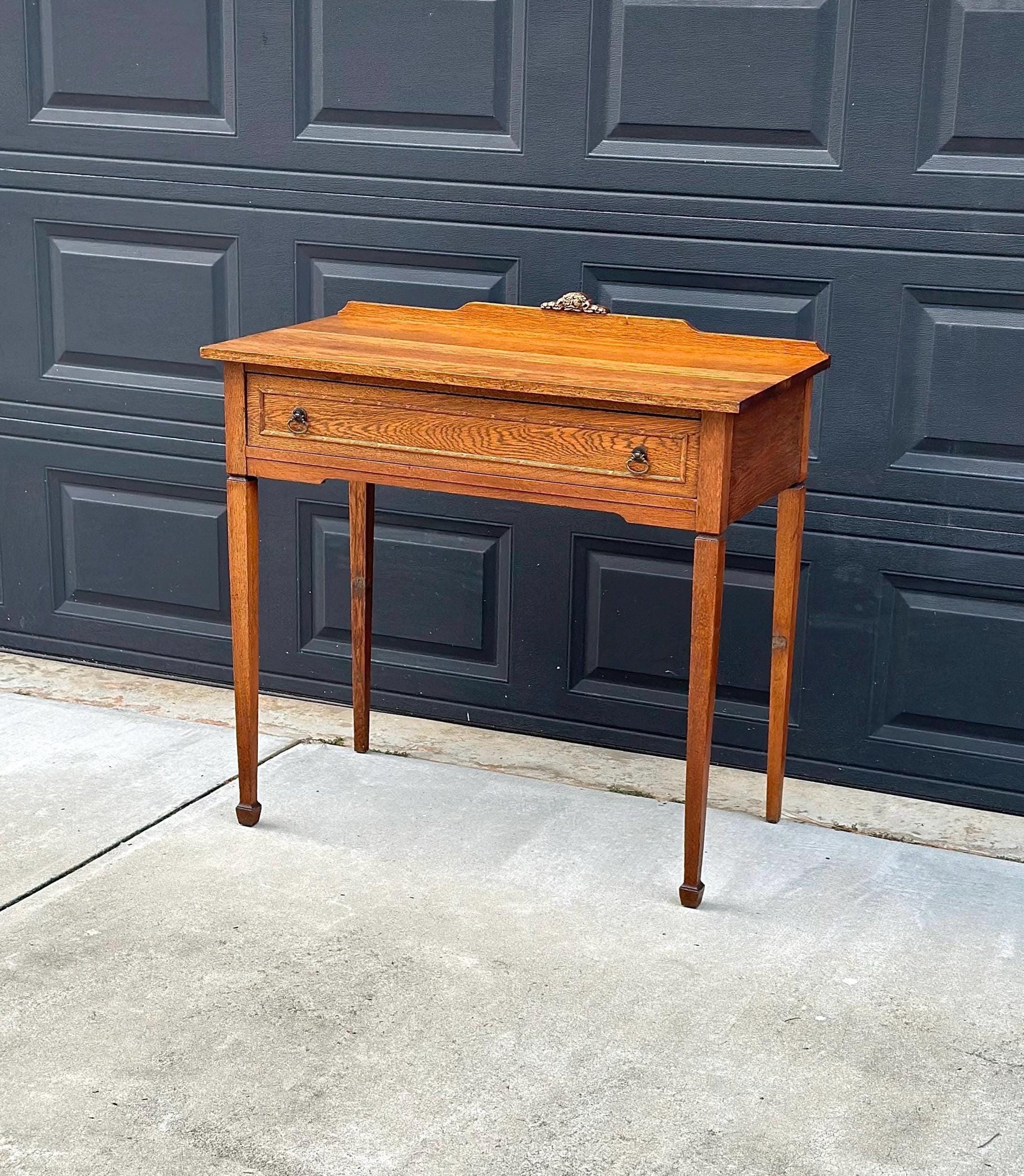 Antique Early 1900's Solid Wood Single Drawer Tiger Oak Entry Accent Table
