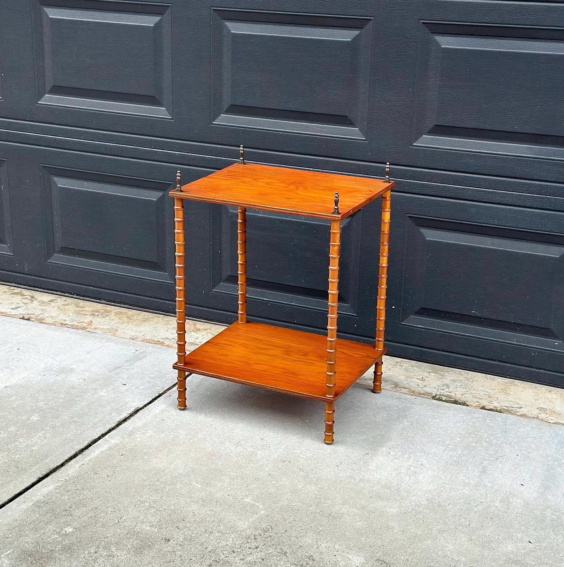 Antique Early 1900's Bobbin Leg Brass Finial Oak Side Table