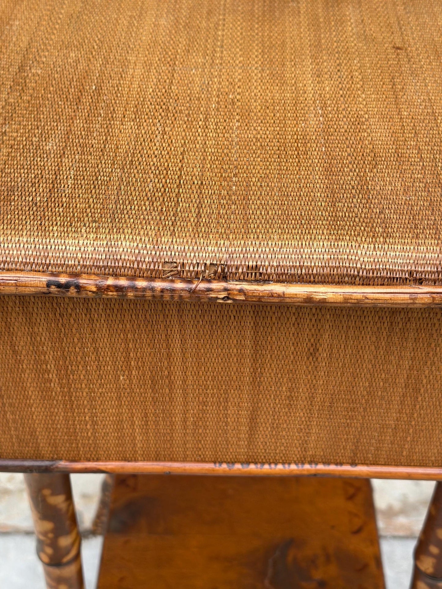 Antique Late 1800's Burnt Bamboo Woven Reed & Maple Wood Lift Top Table