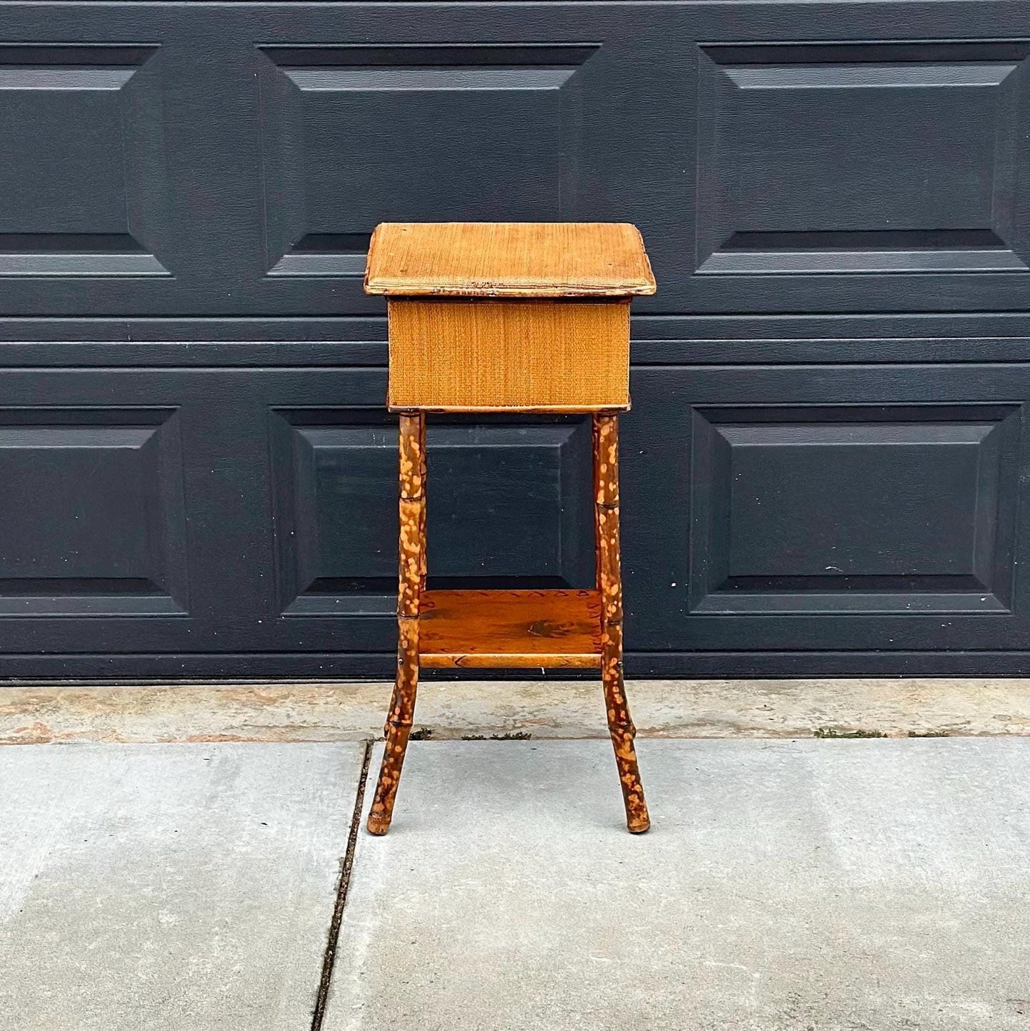Antique Late 1800's Burnt Bamboo Woven Reed & Maple Wood Lift Top Table