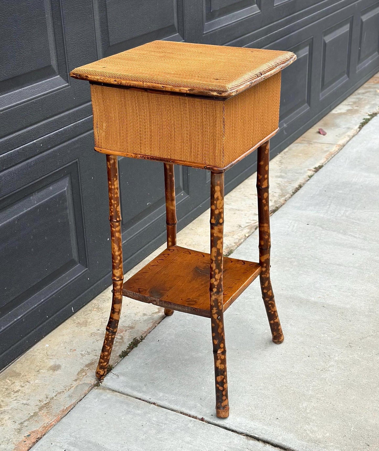 Antique Late 1800's Burnt Bamboo Woven Reed & Maple Wood Lift Top Table
