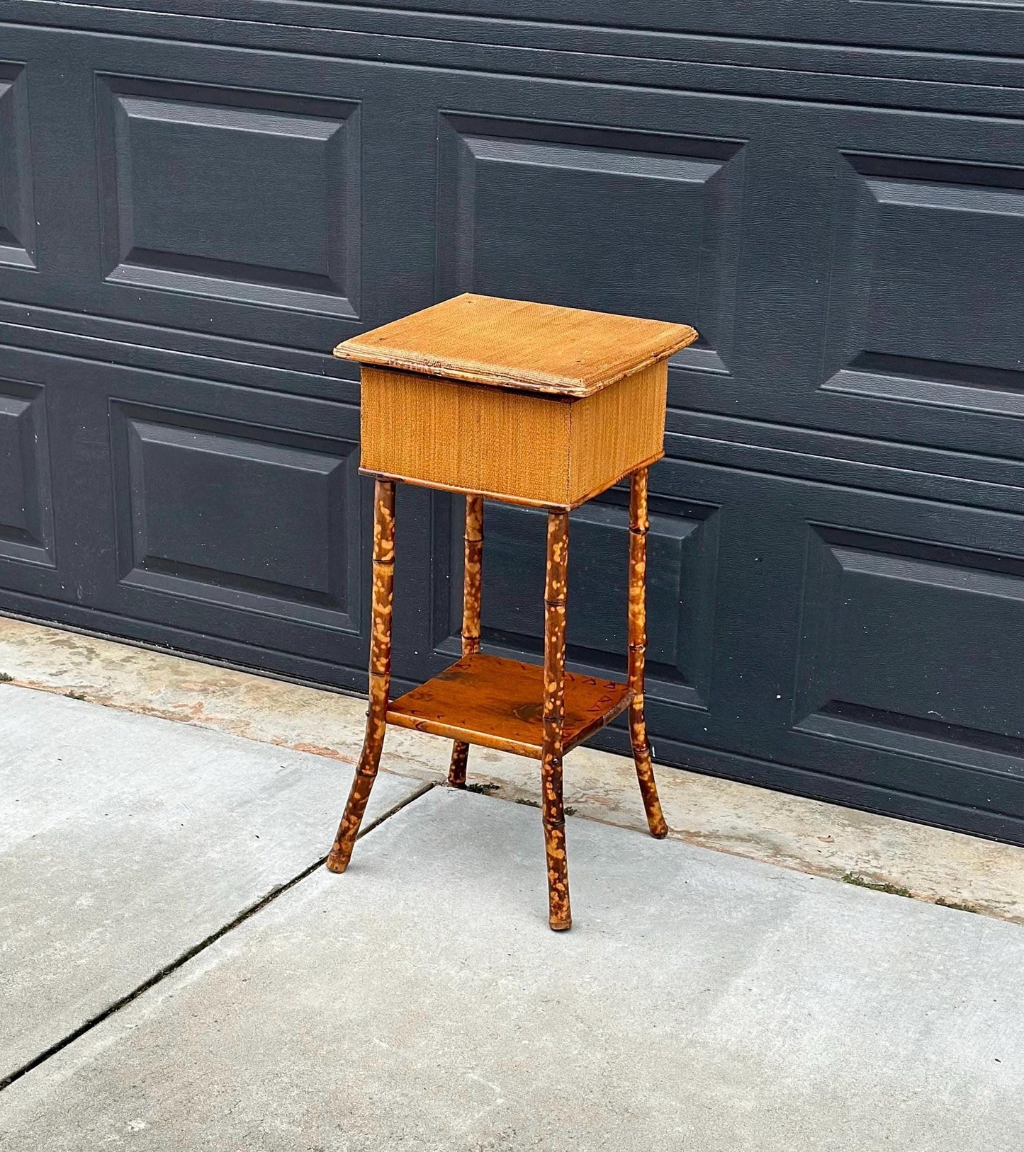 Antique Late 1800's Burnt Bamboo Woven Reed & Maple Wood Lift Top Table