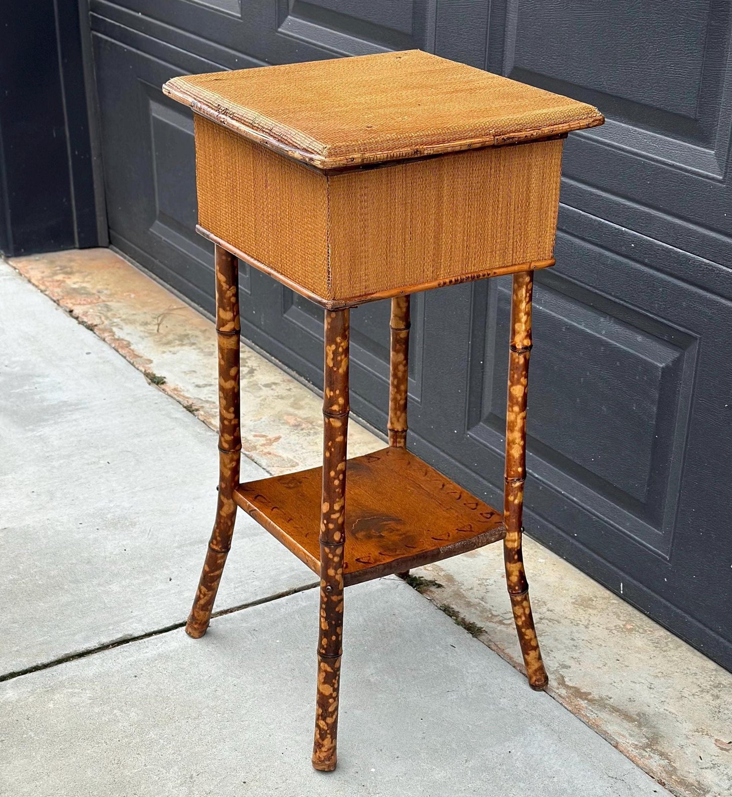 Antique Late 1800's Burnt Bamboo Woven Reed & Maple Wood Lift Top Table