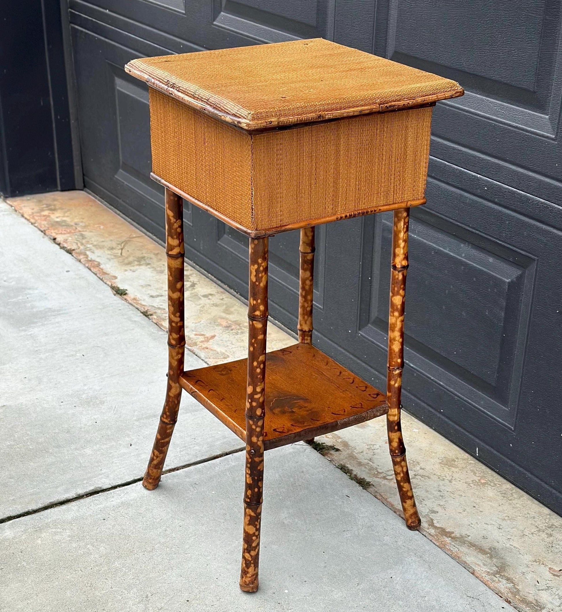 Antique Late 1800's Burnt Bamboo Woven Reed & Maple Wood Lift Top Table