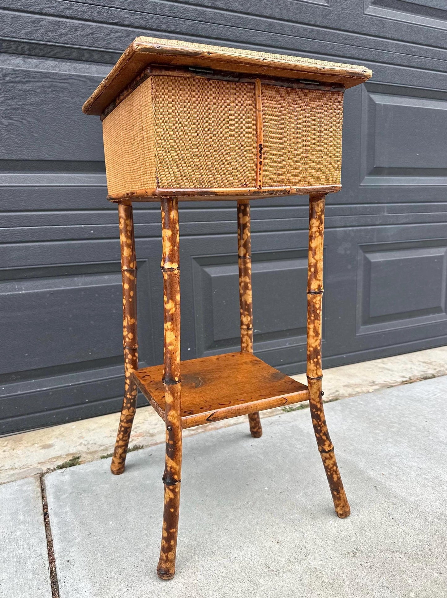 Antique Late 1800's Burnt Bamboo Woven Reed & Maple Wood Lift Top Table