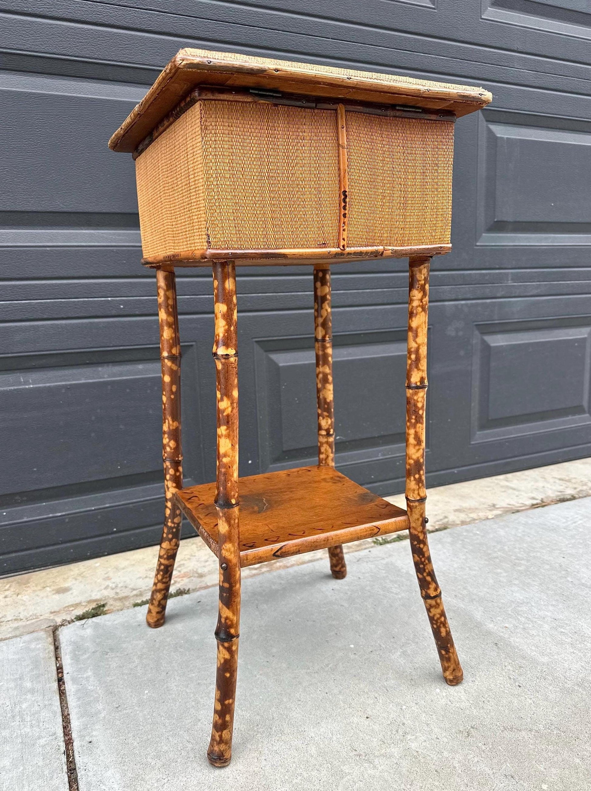 Antique Late 1800's Burnt Bamboo Woven Reed & Maple Wood Lift Top Table
