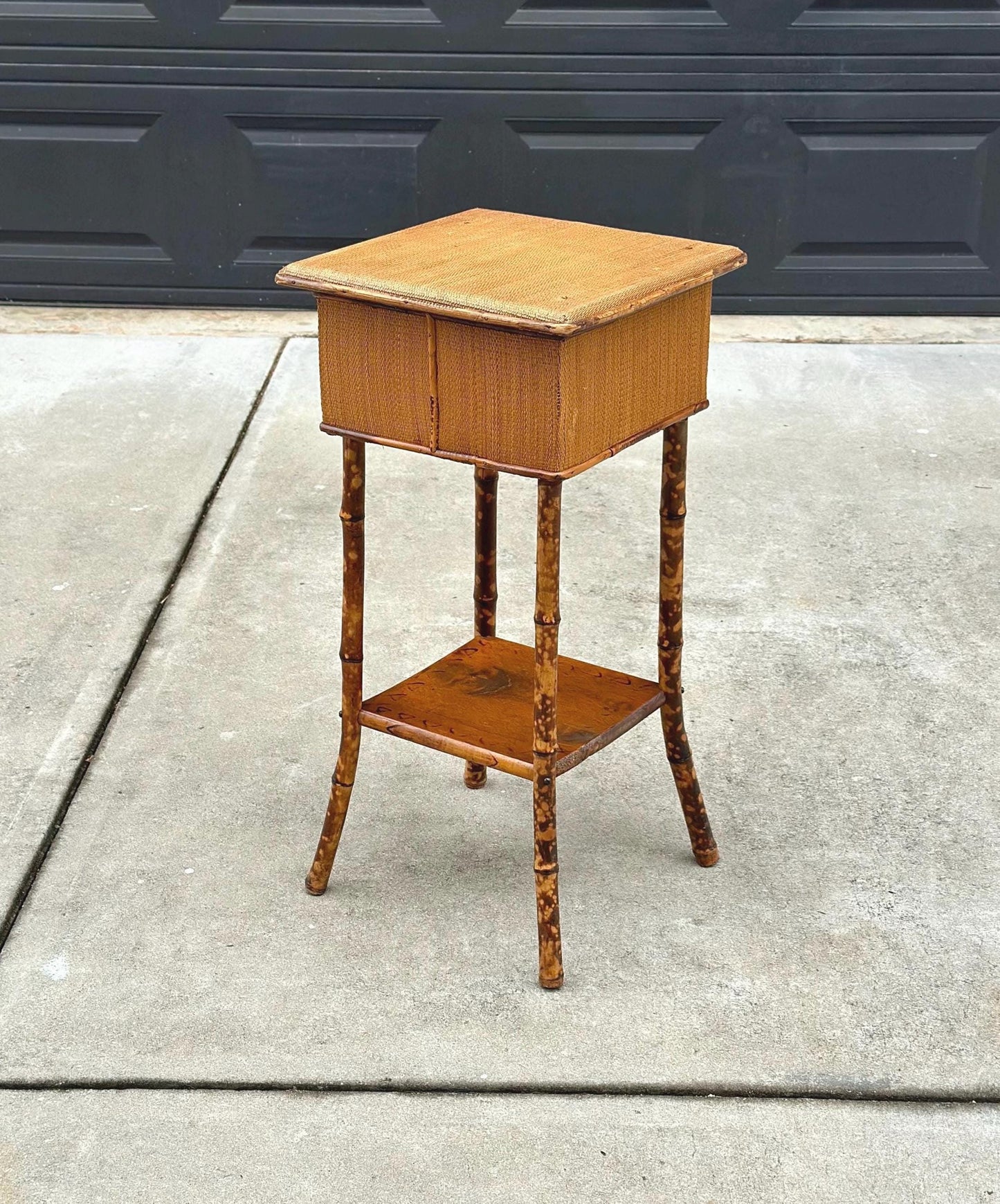Antique Late 1800's Burnt Bamboo Woven Reed & Maple Wood Lift Top Table