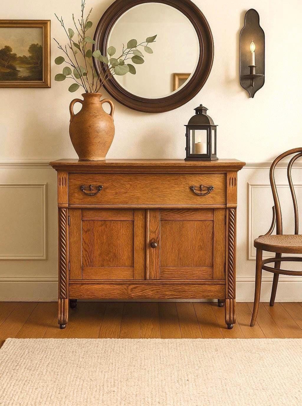Antique Early 1900's Solid Tiger Oak Wood Single Drawer Console Cabinet on Casters