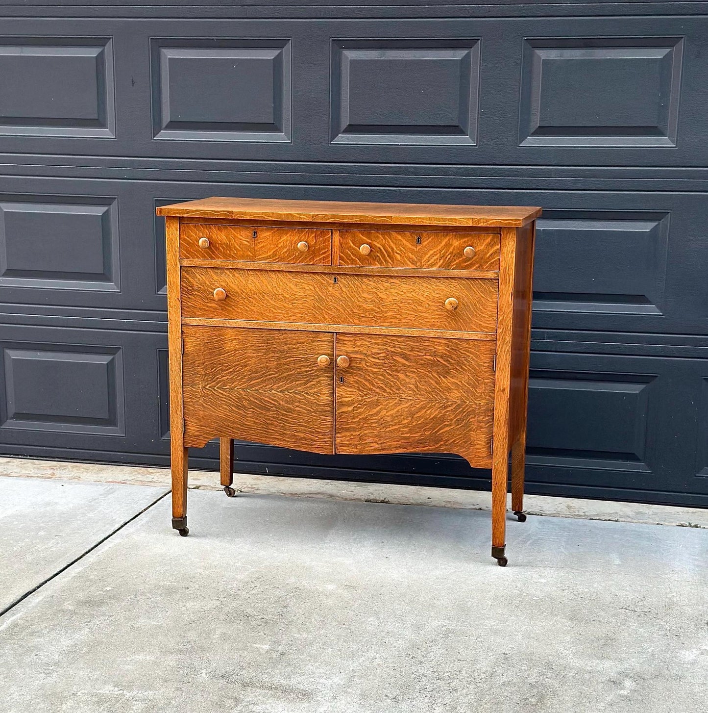 Antique Early 1900's Tiger Oak Wood Tall Console Table with Cabinet Storage on Casters