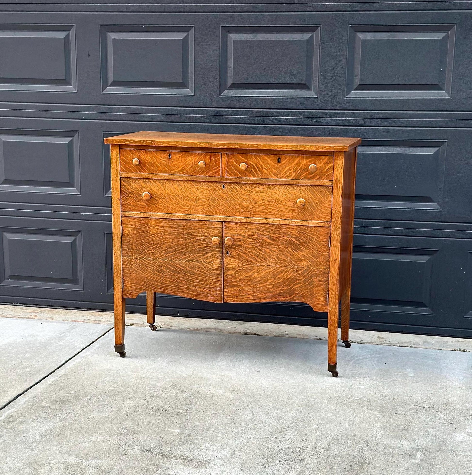 Antique Early 1900's Tiger Oak Wood Tall Console Table with Cabinet Storage on Casters