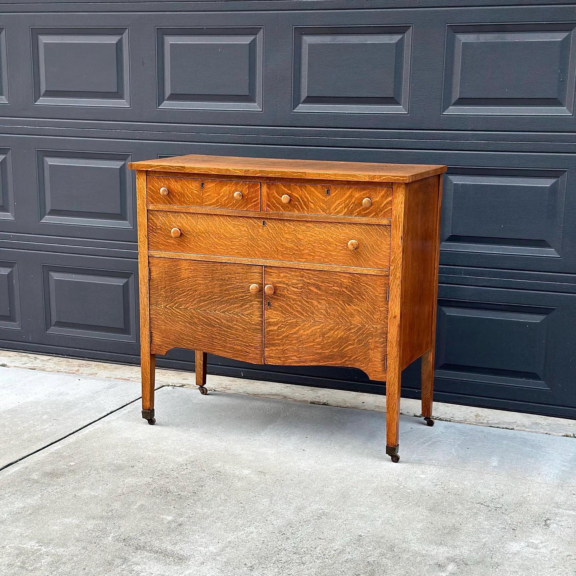 Antique Early 1900's Tiger Oak Wood Tall Console Table with Cabinet Storage on Casters