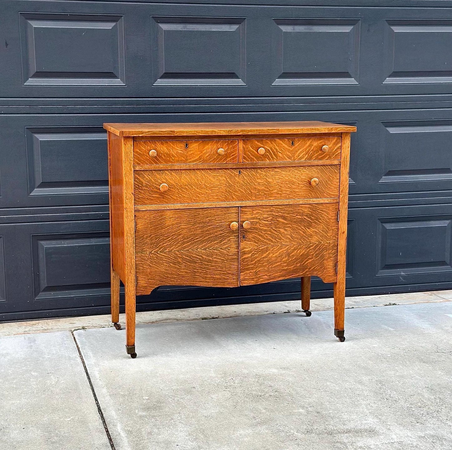 Antique Early 1900's Tiger Oak Wood Tall Console Table with Cabinet Storage on Casters