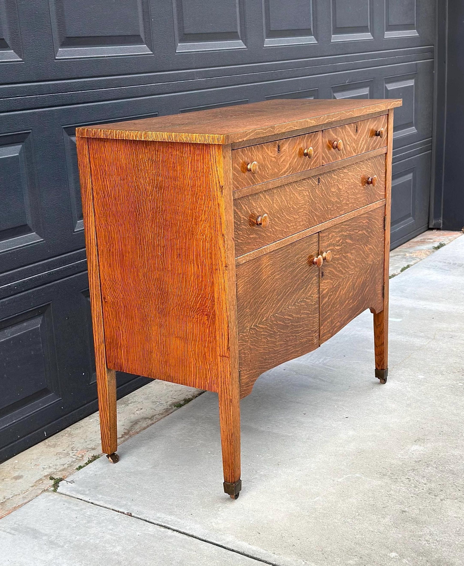 Antique Early 1900's Tiger Oak Wood Tall Console Table with Cabinet Storage on Casters