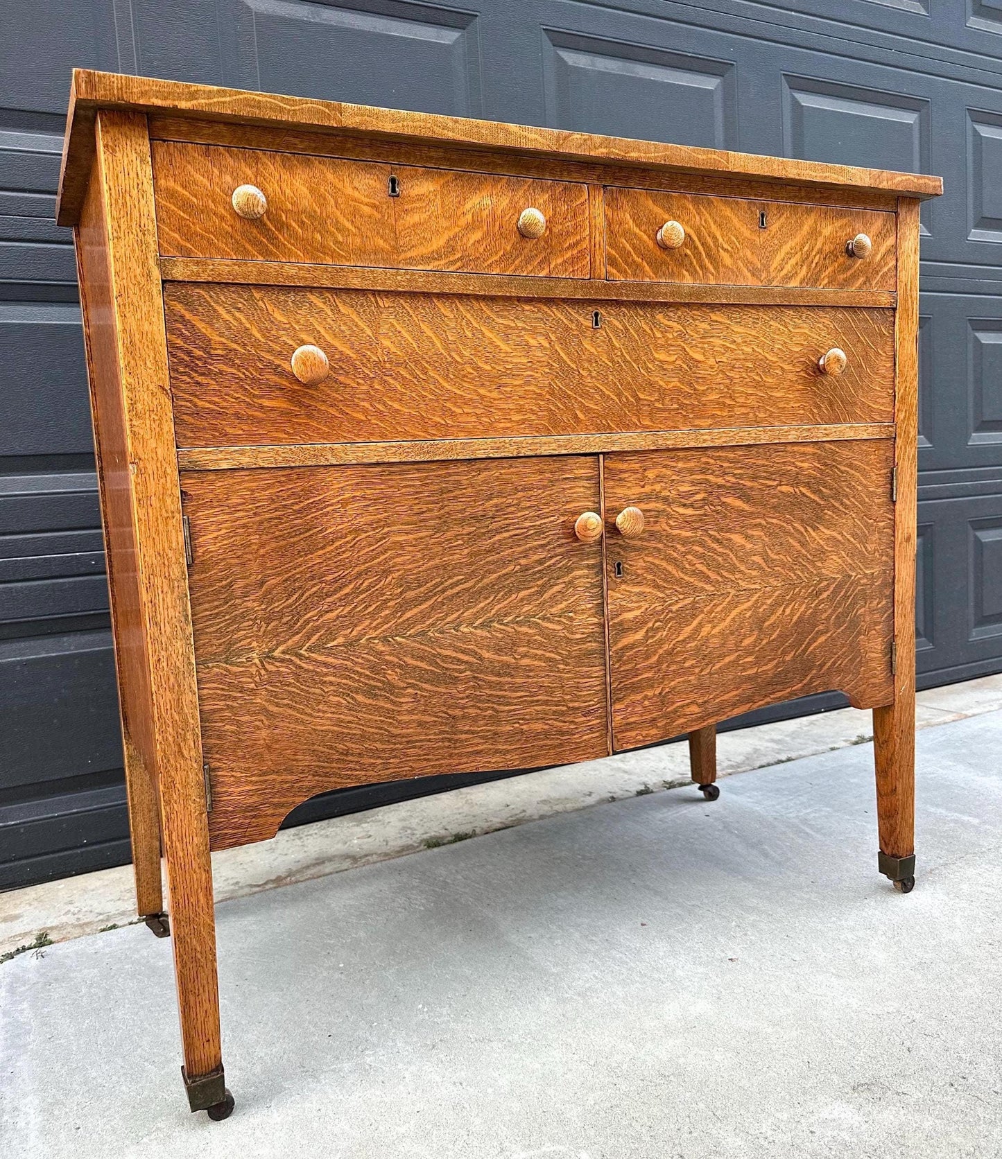 Antique Early 1900's Tiger Oak Wood Tall Console Table with Cabinet Storage on Casters