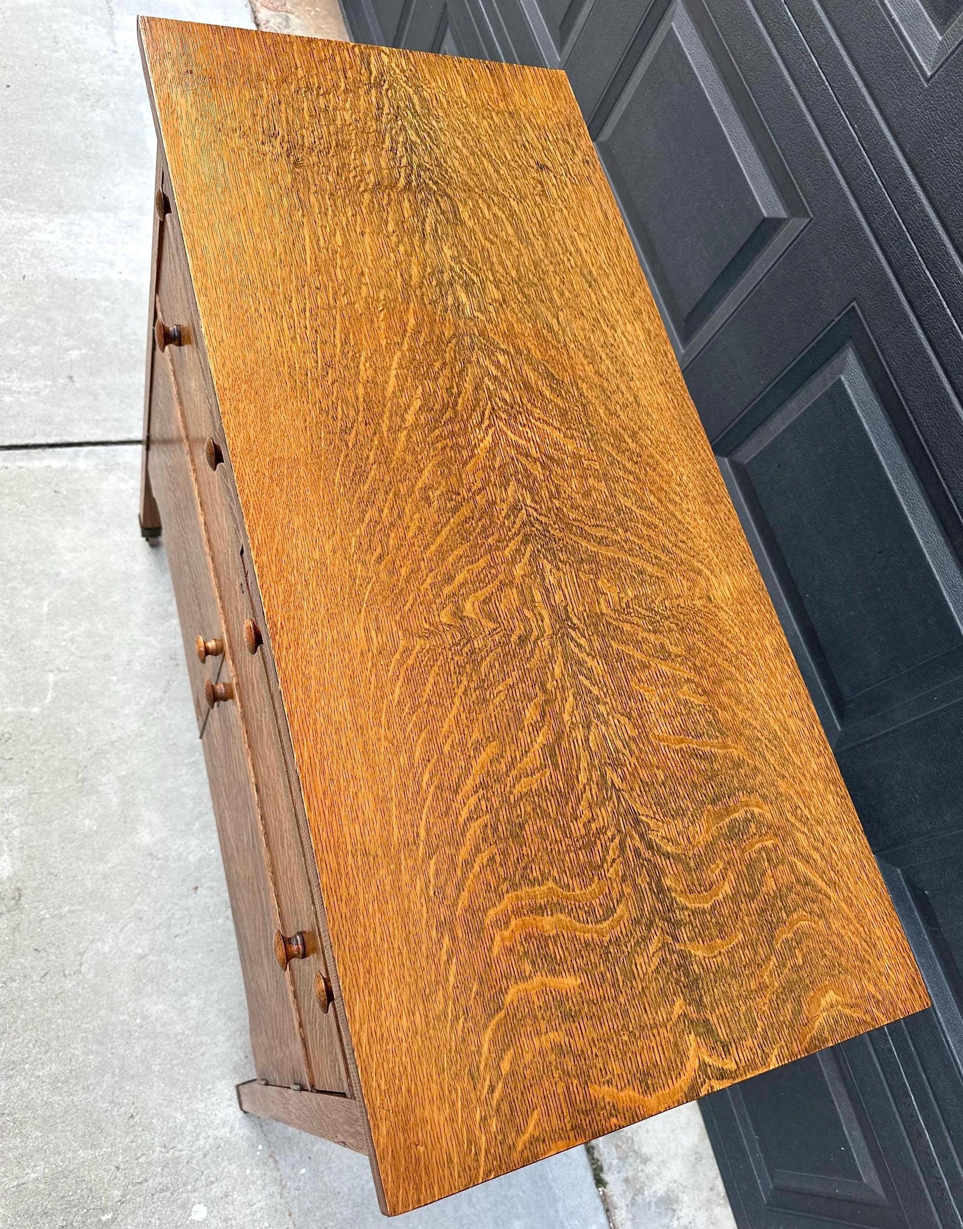 Antique Early 1900's Tiger Oak Wood Tall Console Table with Cabinet Storage on Casters