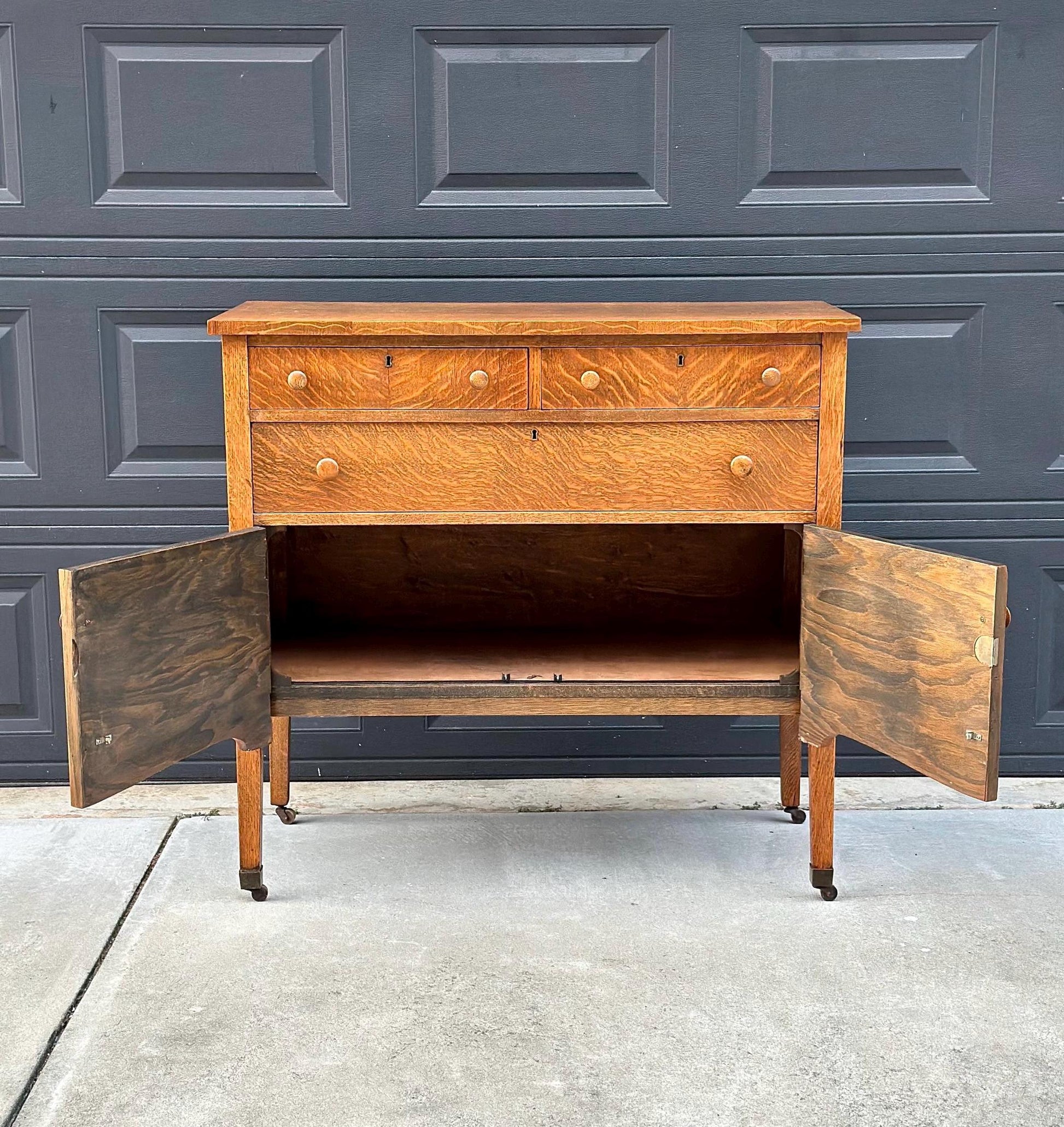 Antique Early 1900's Tiger Oak Wood Tall Console Table with Cabinet Storage on Casters