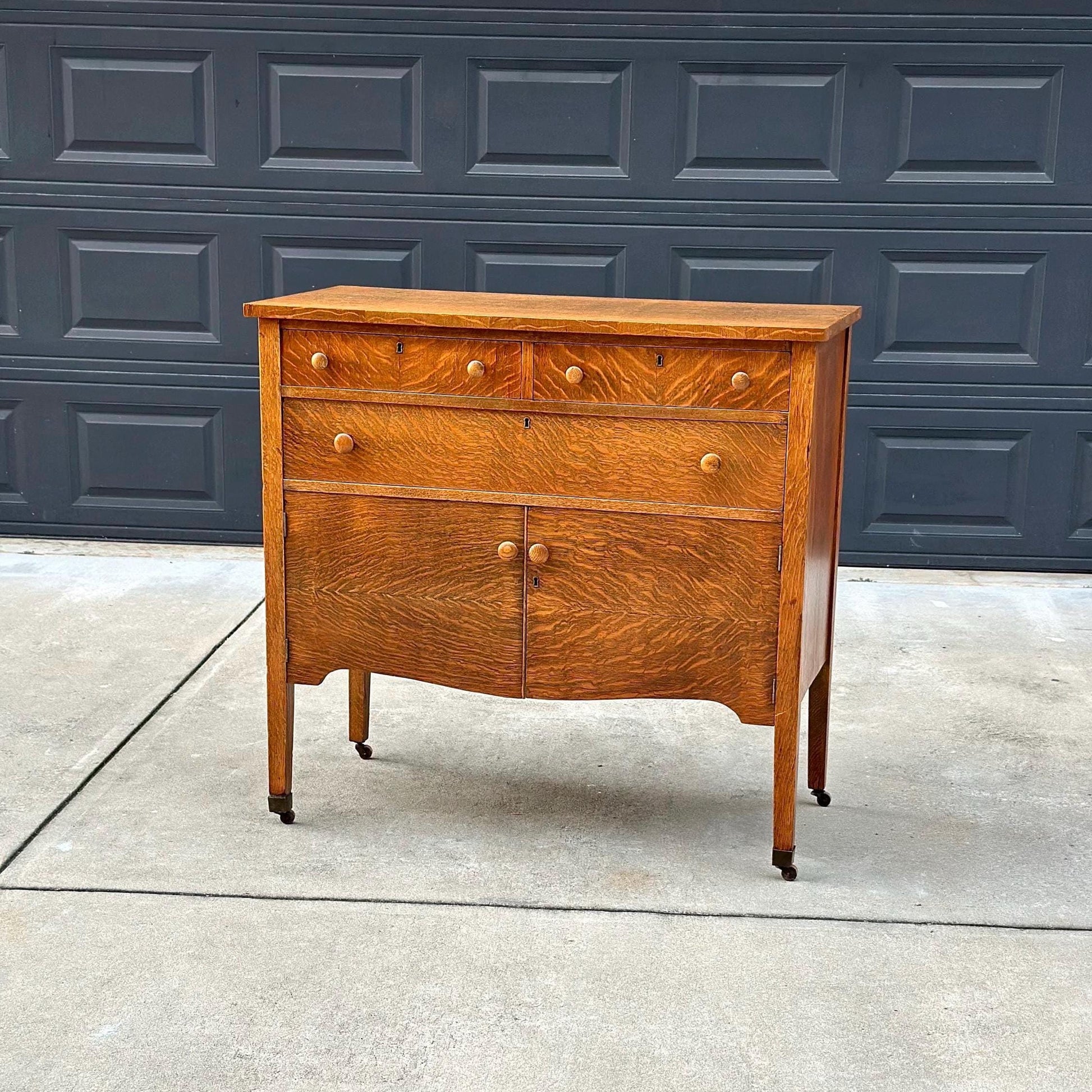 Antique Early 1900's Tiger Oak Wood Tall Console Table with Cabinet Storage on Casters