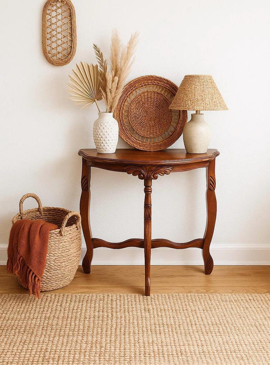 Antique Early 1900's Solid Wood Demilune Walnut AccentTable