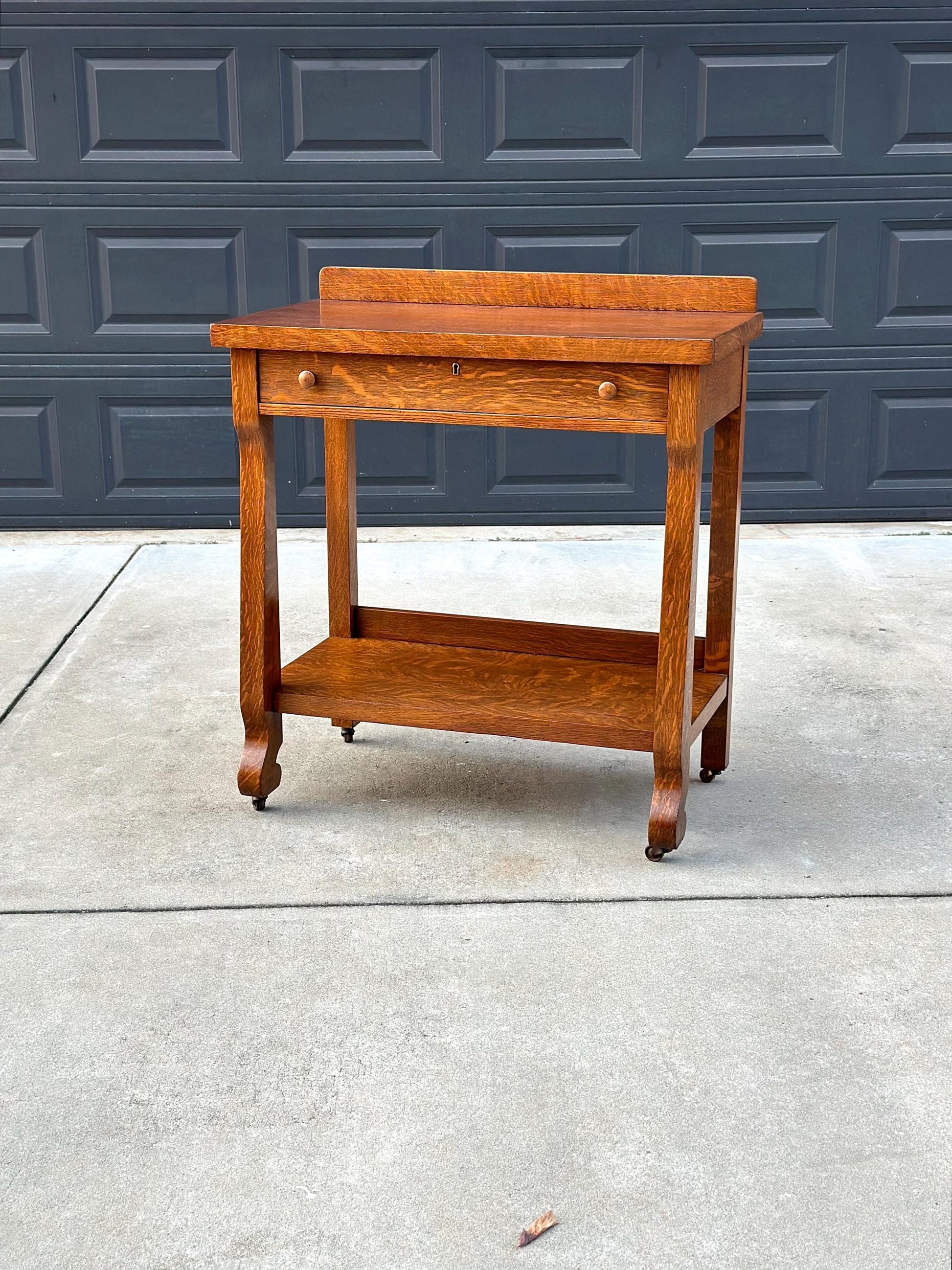Antique Early 1900's Tiger Oak Wood Server Accent Table on Casters