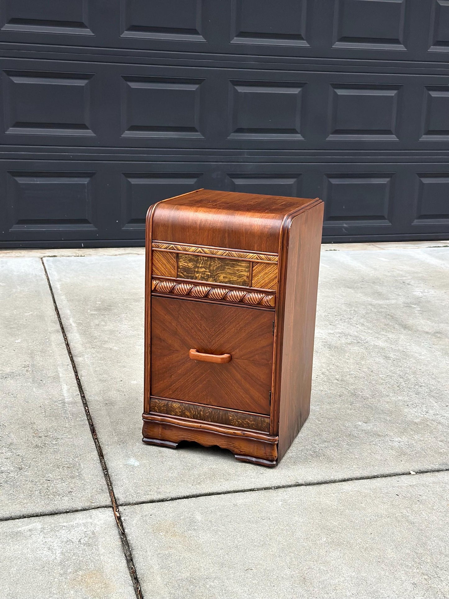 Antique Early 1900's Waterfall Walnut & Burl Wood Bedside Table with Cabinet