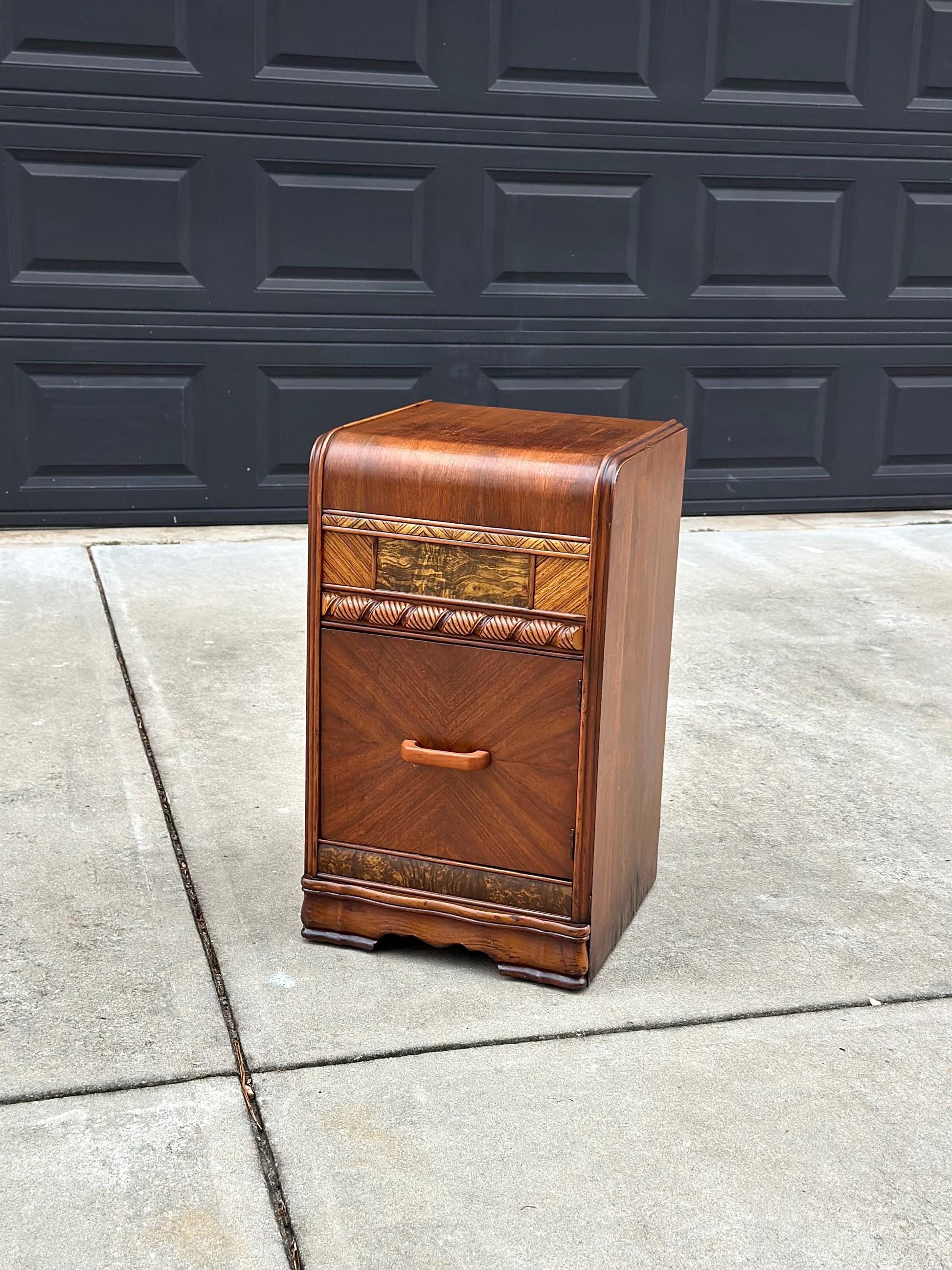 Antique Early 1900's Waterfall Walnut & Burl Wood Bedside Table with Cabinet