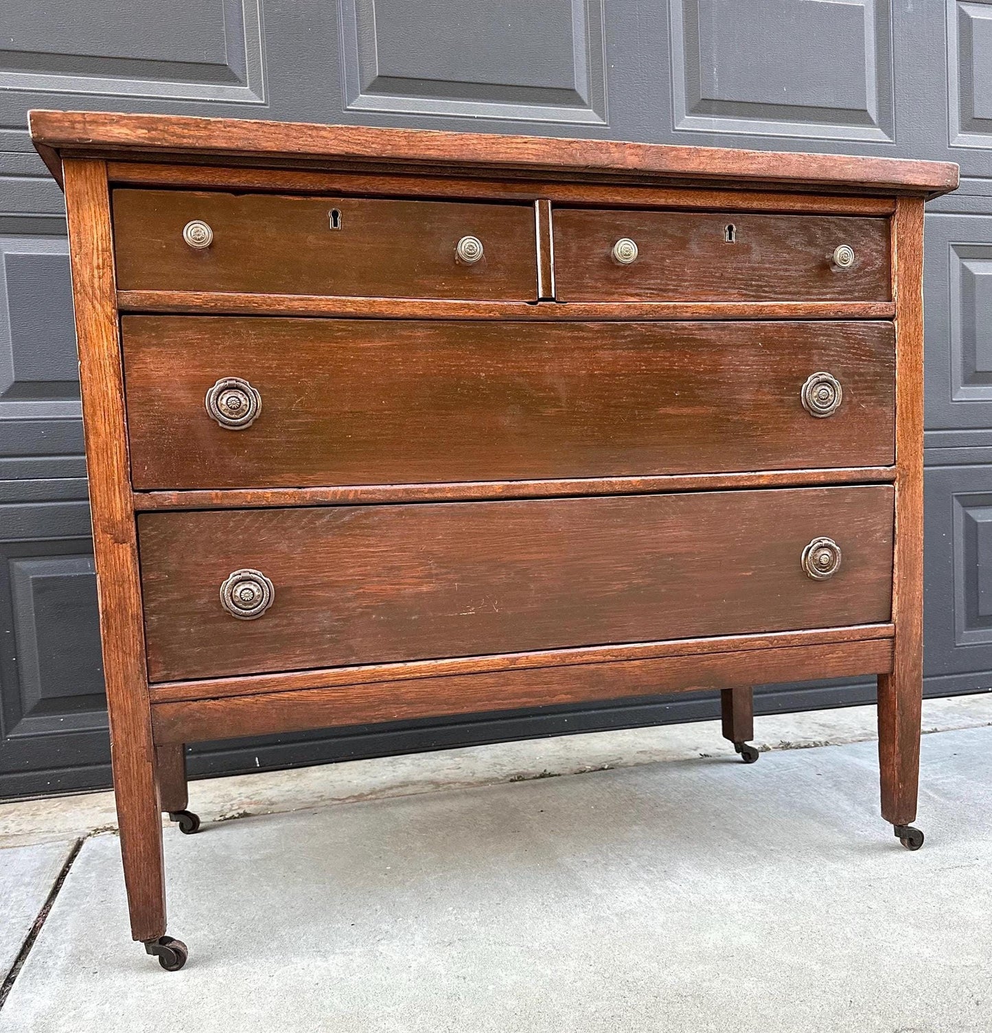 Antique 1890's Solid Oak Wood Dark Dresser Console on Casters