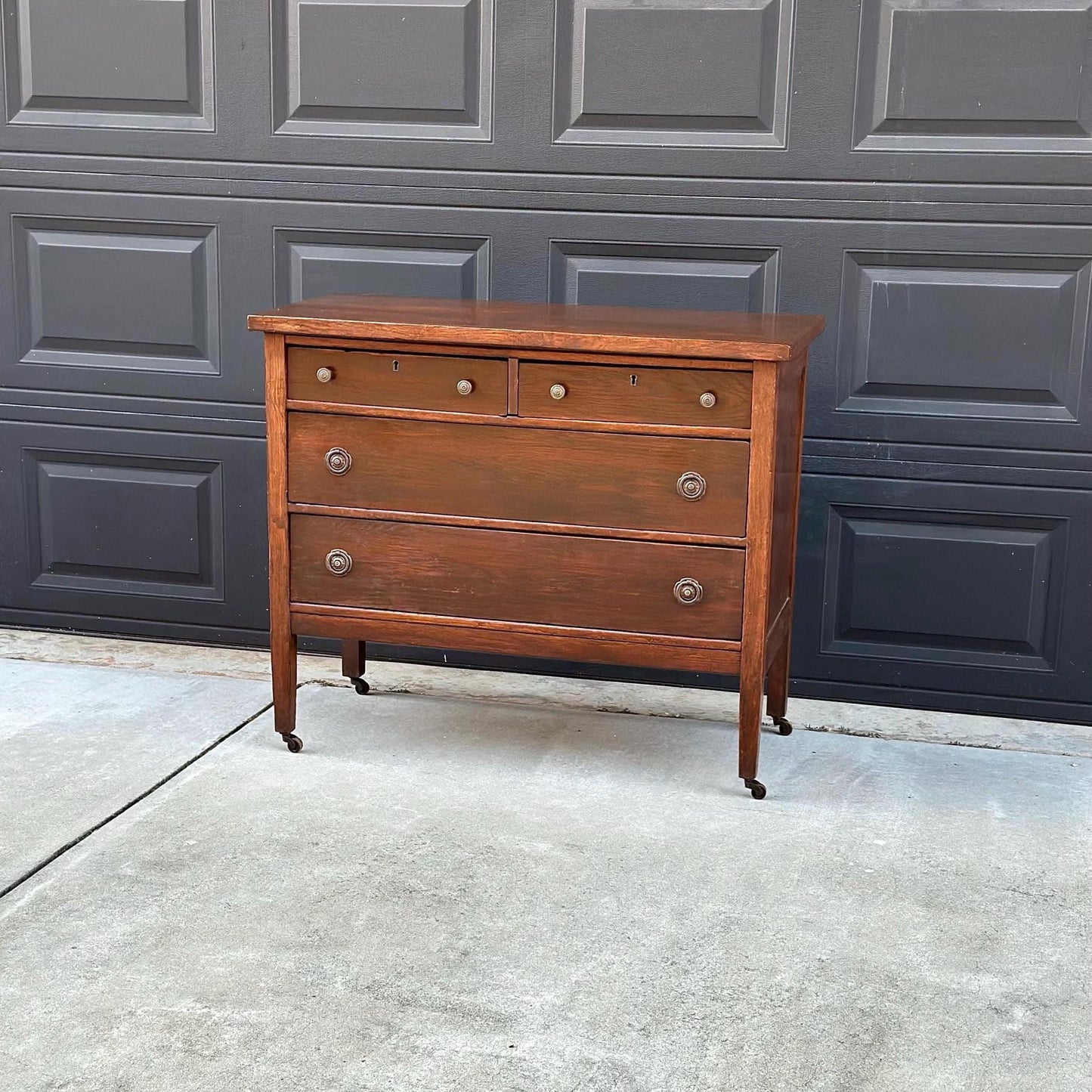 Antique 1890's Solid Oak Wood Dark Dresser Console on Casters