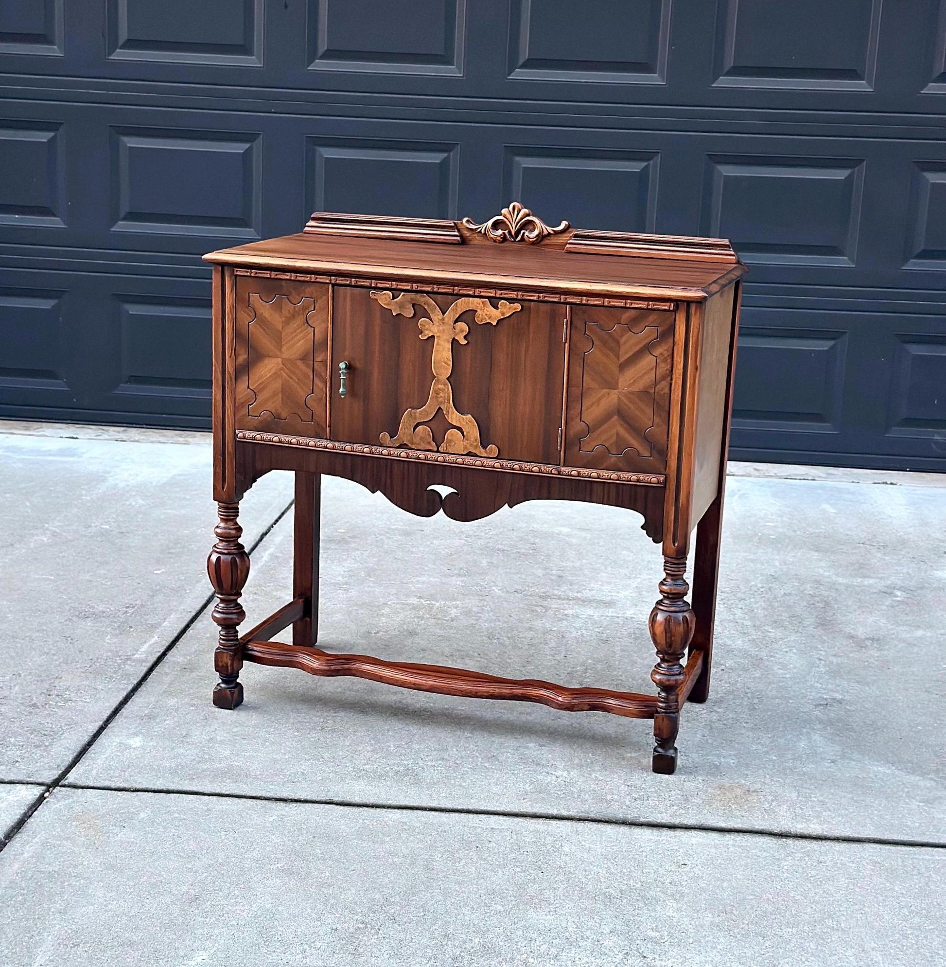 Antique Early 1900's Turned Leg Walnut Accent Cabinet with Raised Gallery