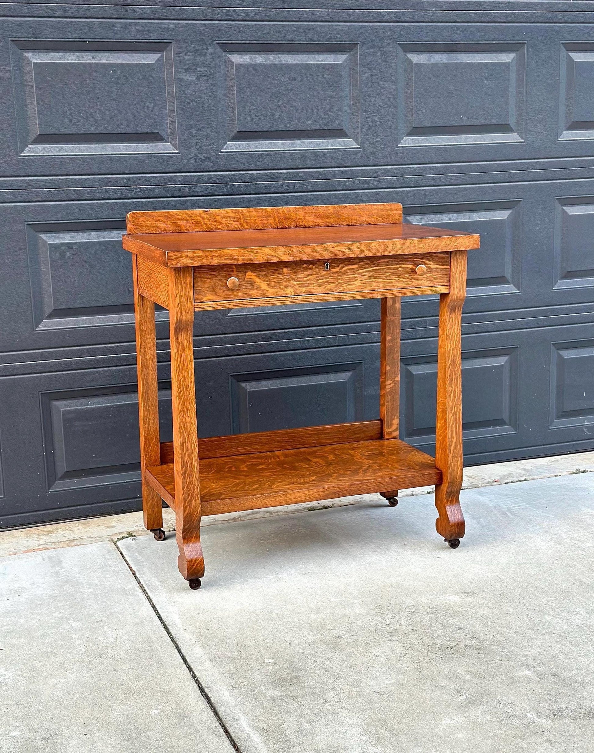 Antique Early 1900's Tiger Oak Wood Server Accent Table on Casters