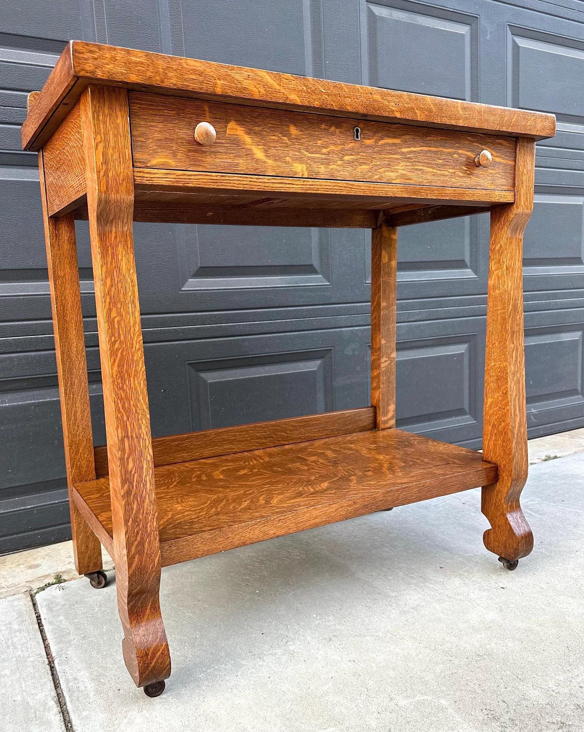 Antique Early 1900's Tiger Oak Wood Server Accent Table on Casters