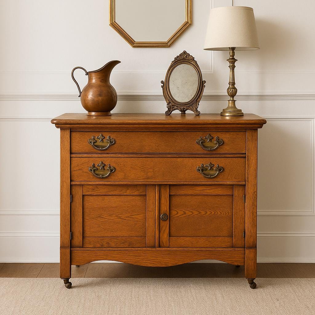 Antique Early 1900's Solid Wood Tiger Oak Curved Front Accent Cabinet on Casters